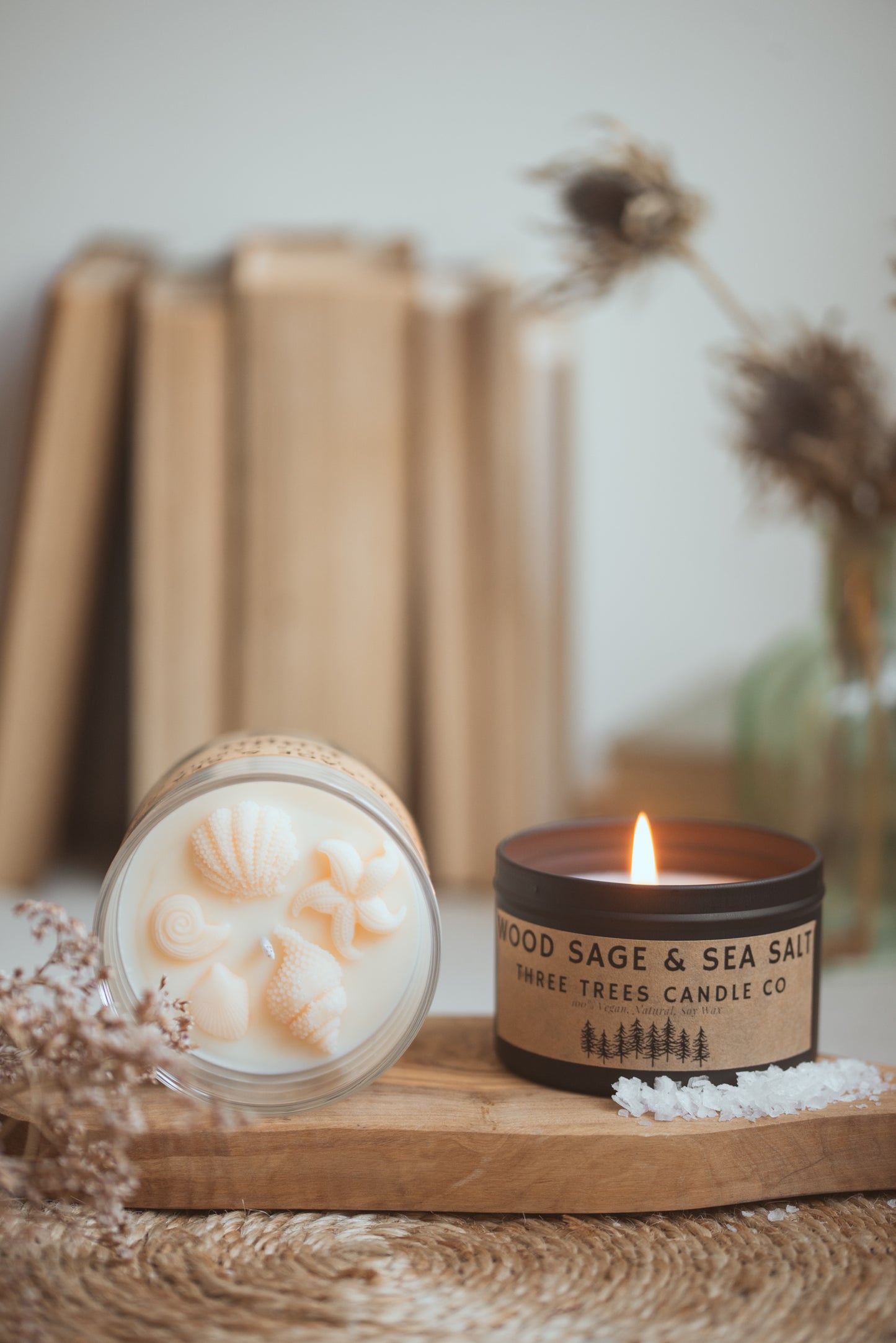 wood sage and sea salt scented bathroom candle
