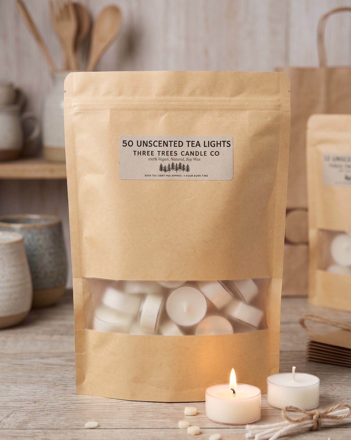50 unscented soy wax tea lights in packaging 