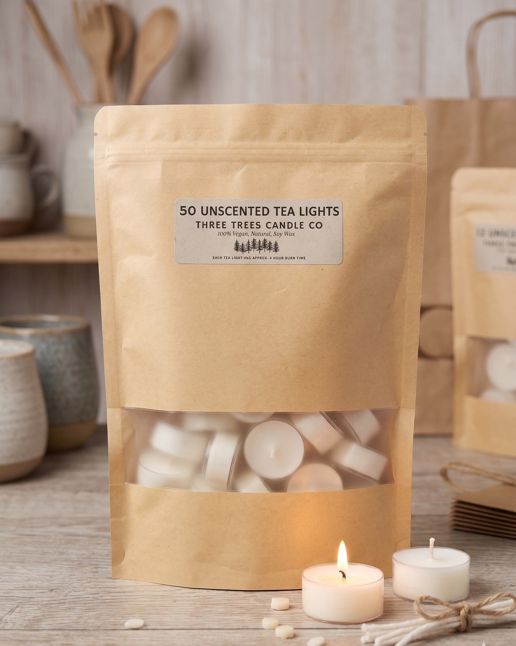 50 unscented soy wax tea lights in packaging 