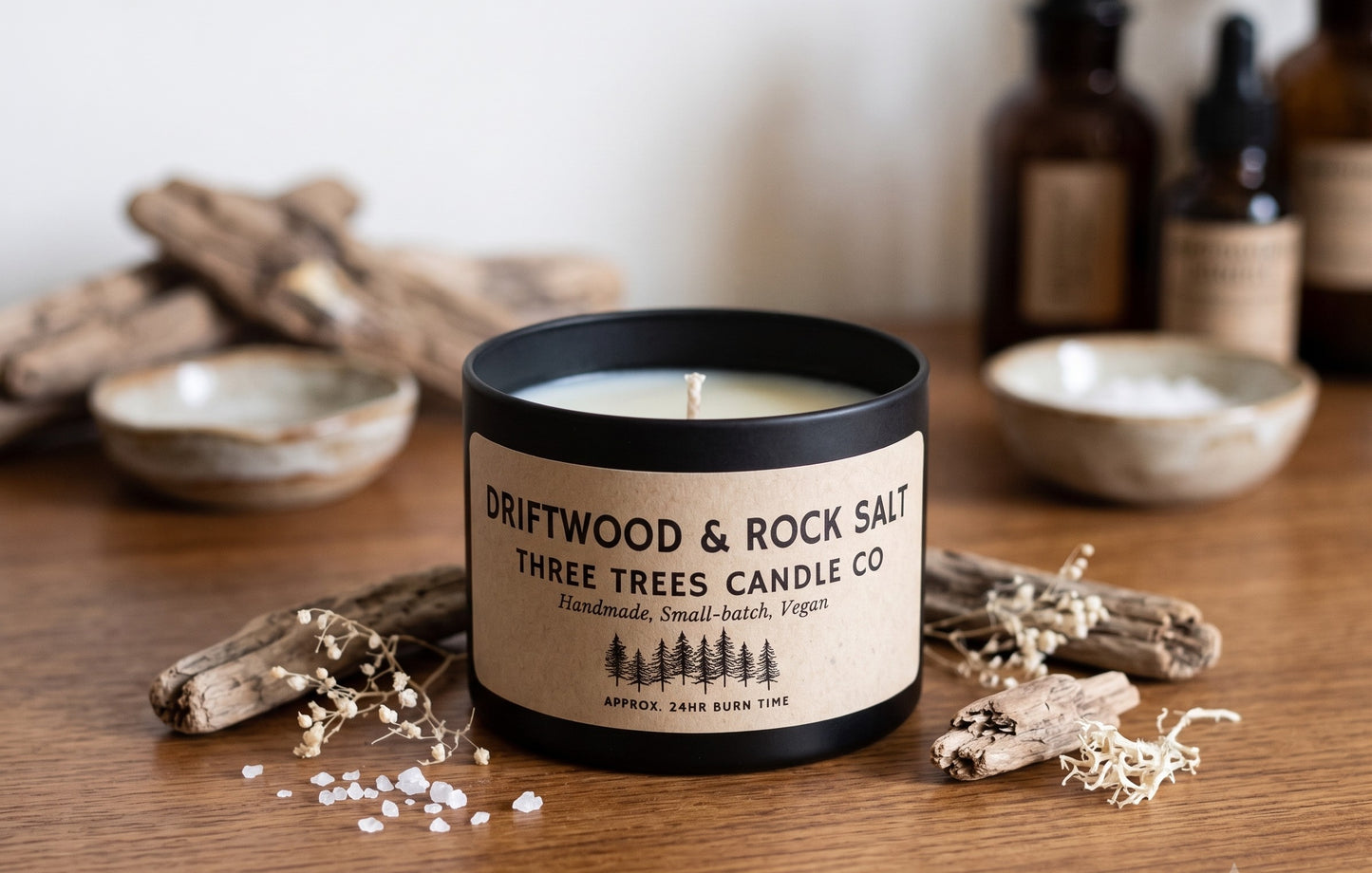 Driftwood & Rock Salt Scented Soy Wax Candle – Coastal & Rejuvenating