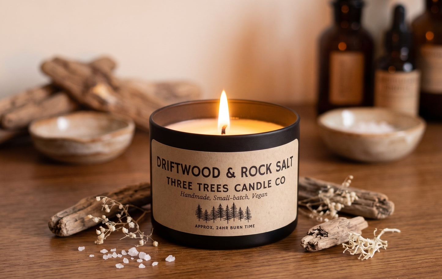 Driftwood & Rock Salt Scented Soy Wax Candle – Coastal & Rejuvenating