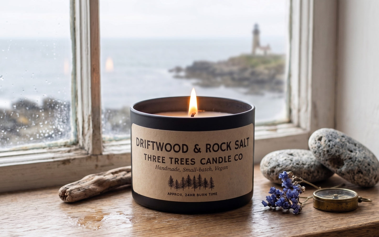 Driftwood & Rock Salt Scented Soy Wax Candle – Coastal & Rejuvenating