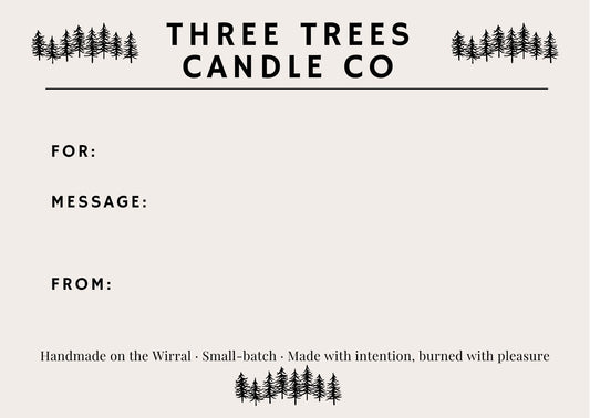 Gift note template for three trees candle co