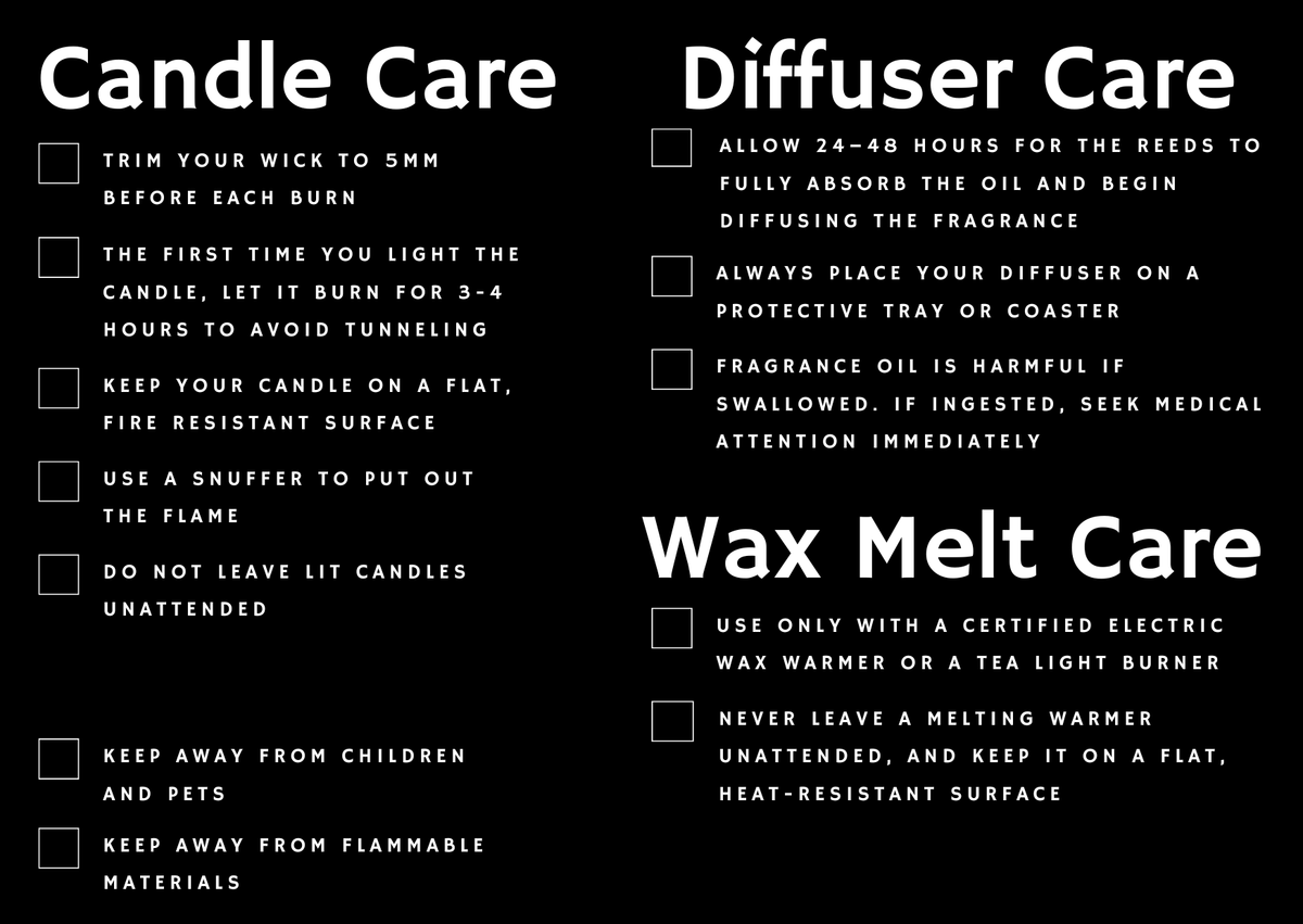 Three Trees Candle Co. candle care guide card with burning tips.