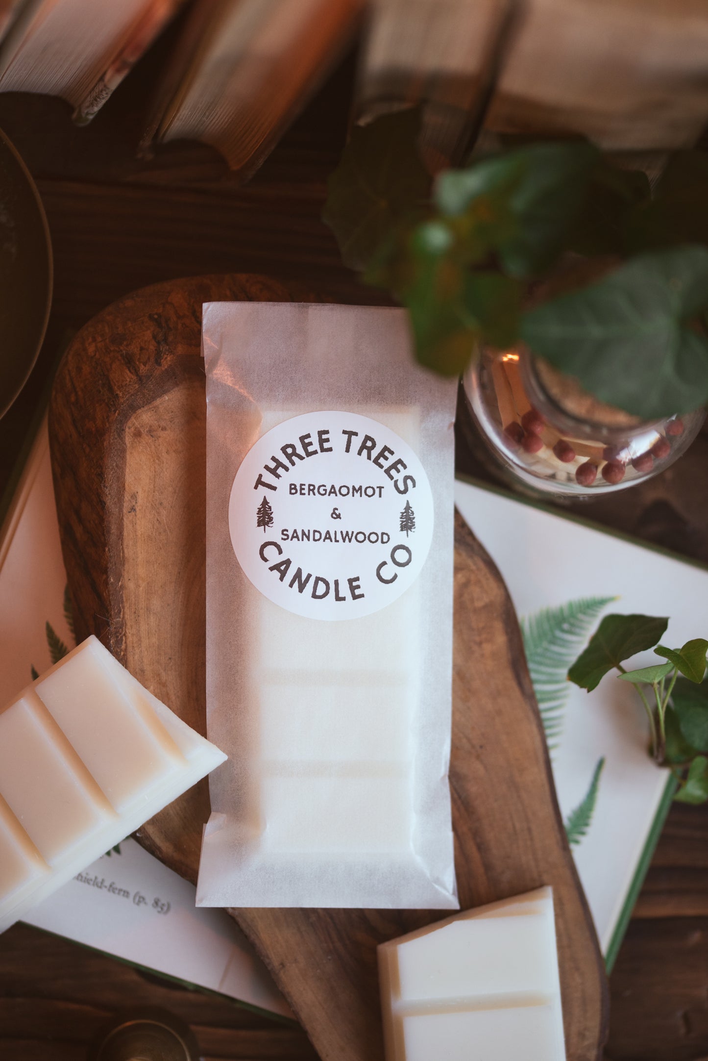 bergamot and sandalwood soy wax melt bar on table