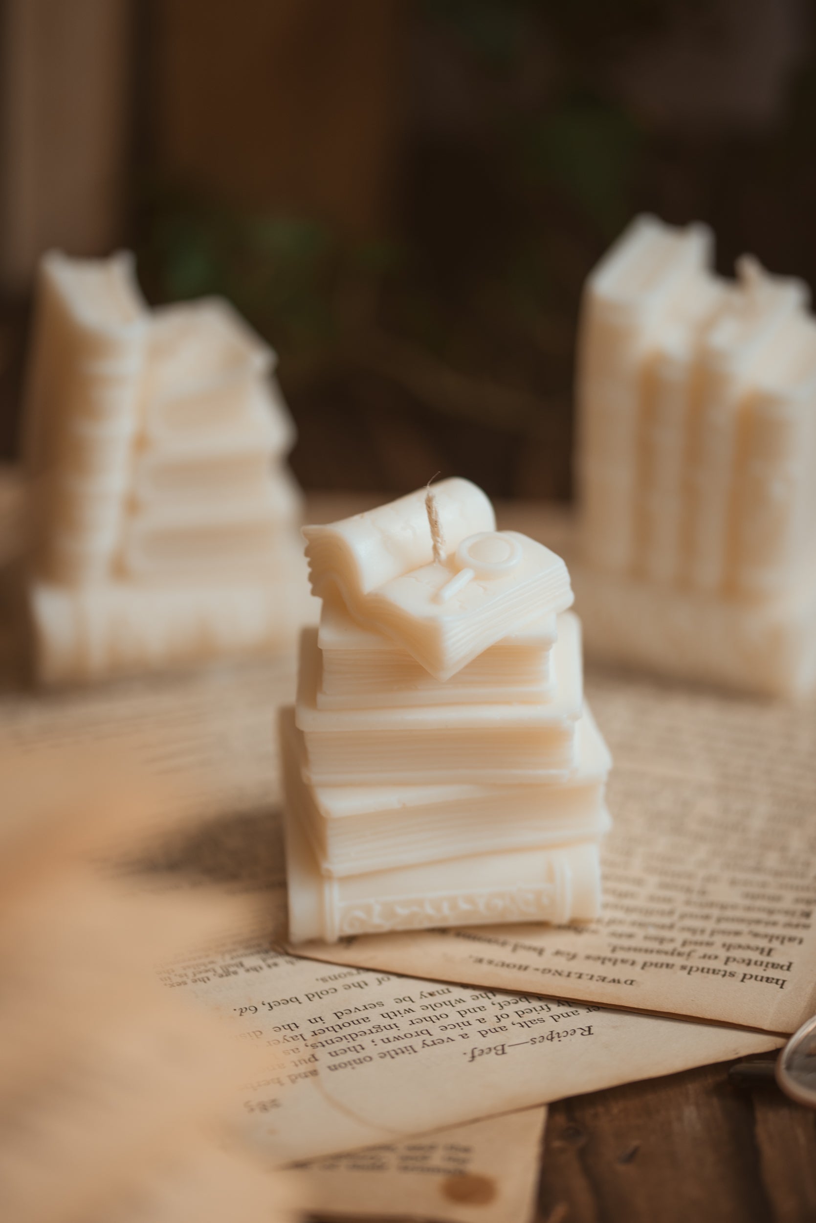 Close-up of book shaped candle texture and details