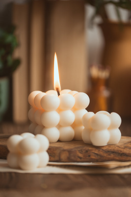 Bubble cube soy wax candle with textured bubble surface