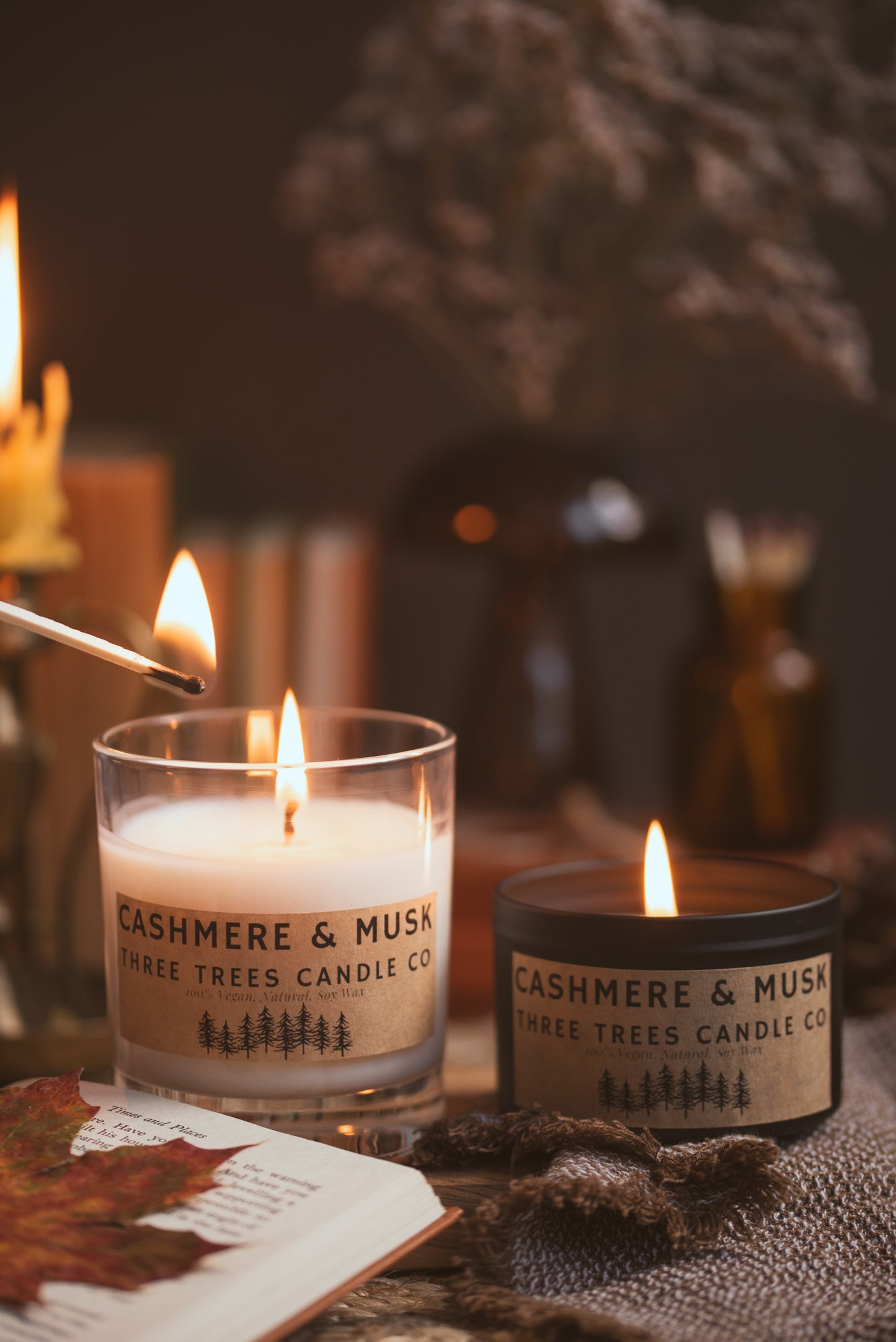 Cashmere and Musk soy wax candle in elegant glass jar