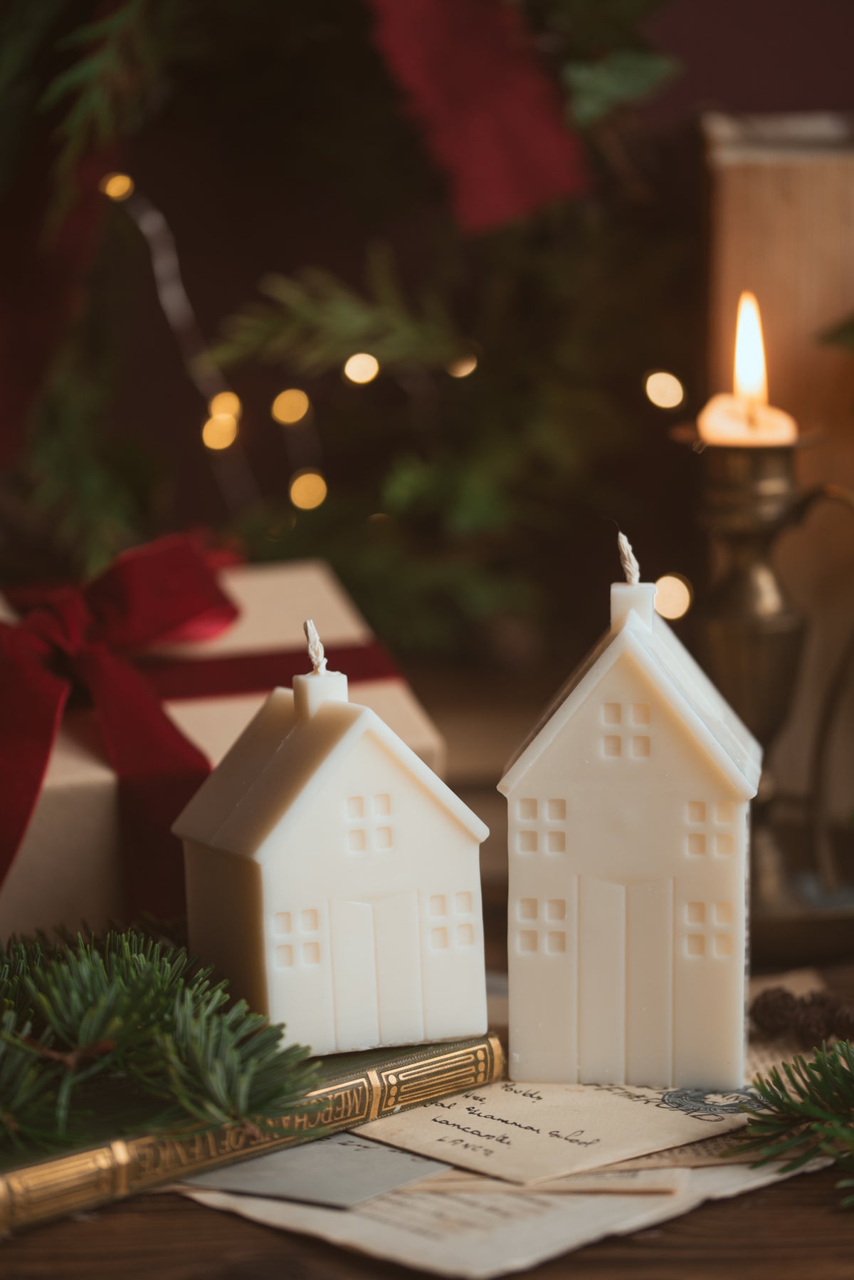 Christmas house-shaped soy wax candle with festive detailing