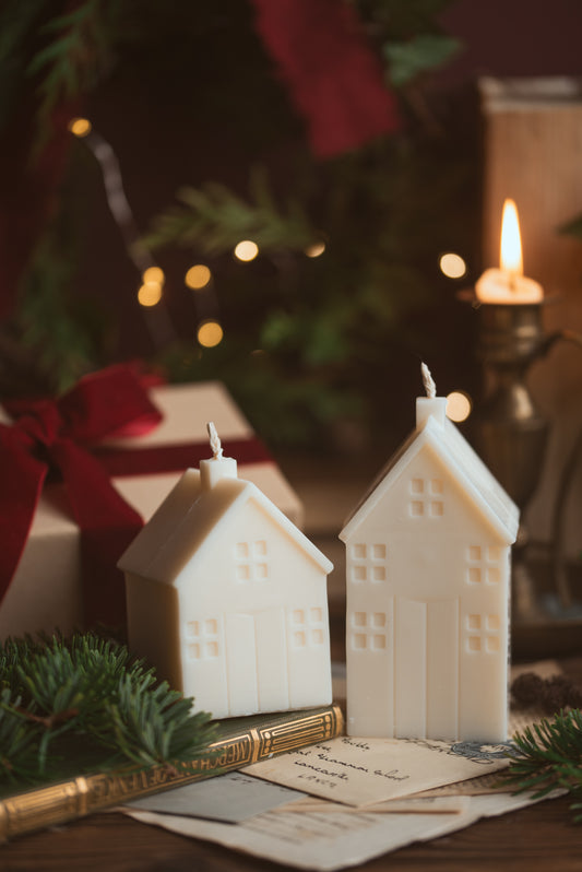Christmas house-shaped soy wax candle with festive detailing