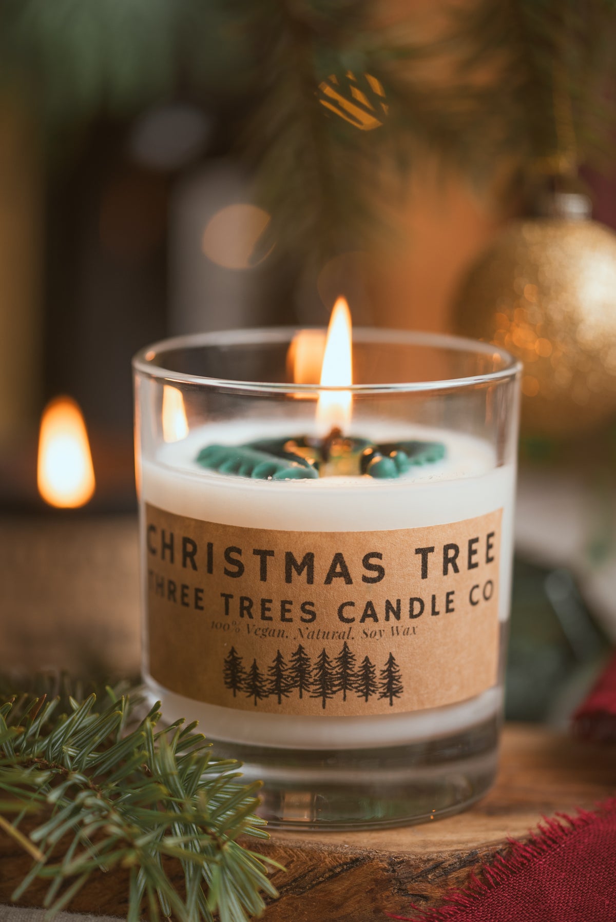 Christmas tree scented soy wax candle in glass jar