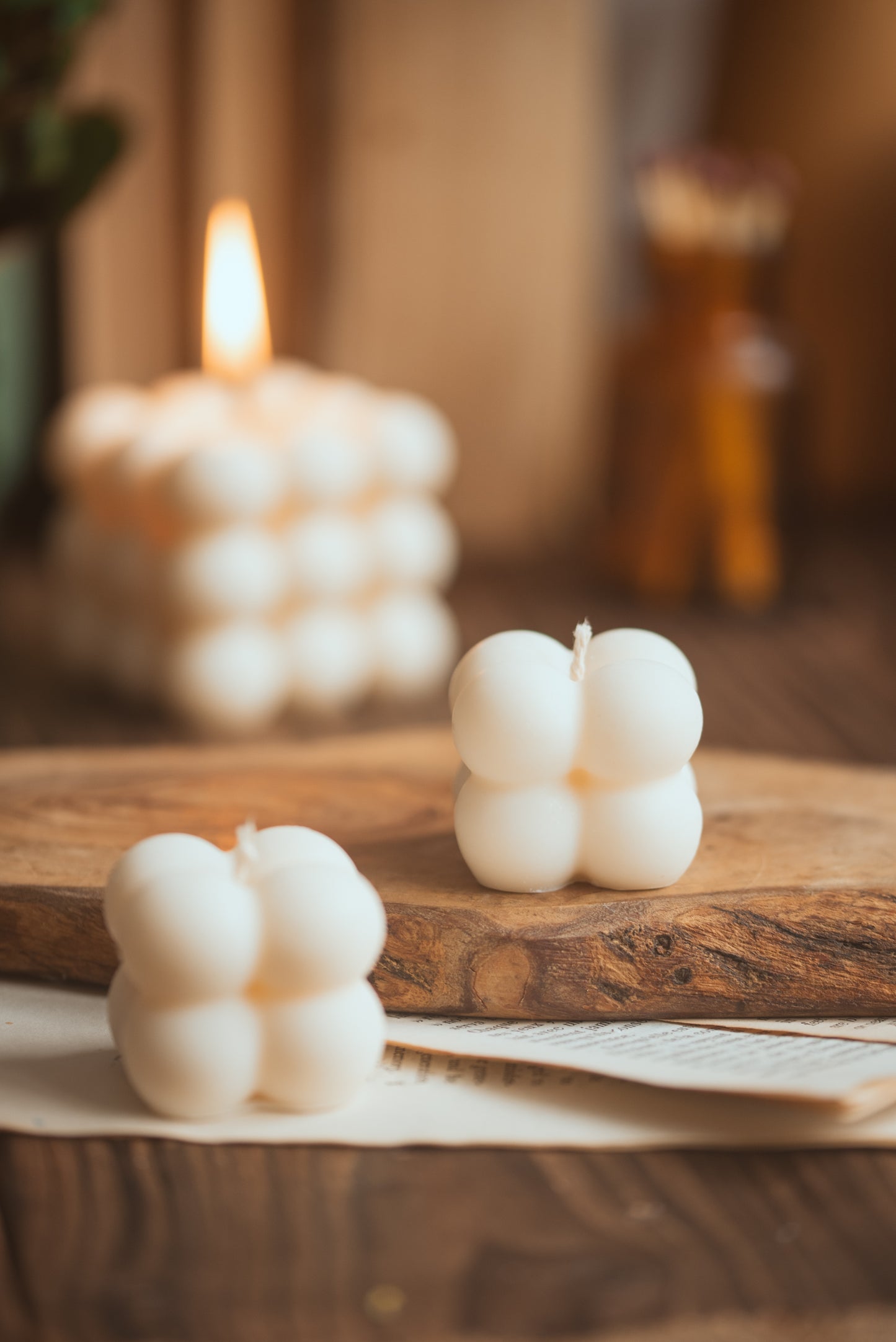 Small Bubble cube candles styled on table as modern home decor 