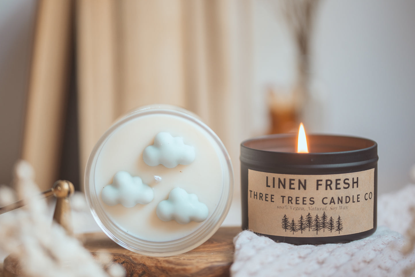 Close-up of Linen Fresh candle showing cloud design