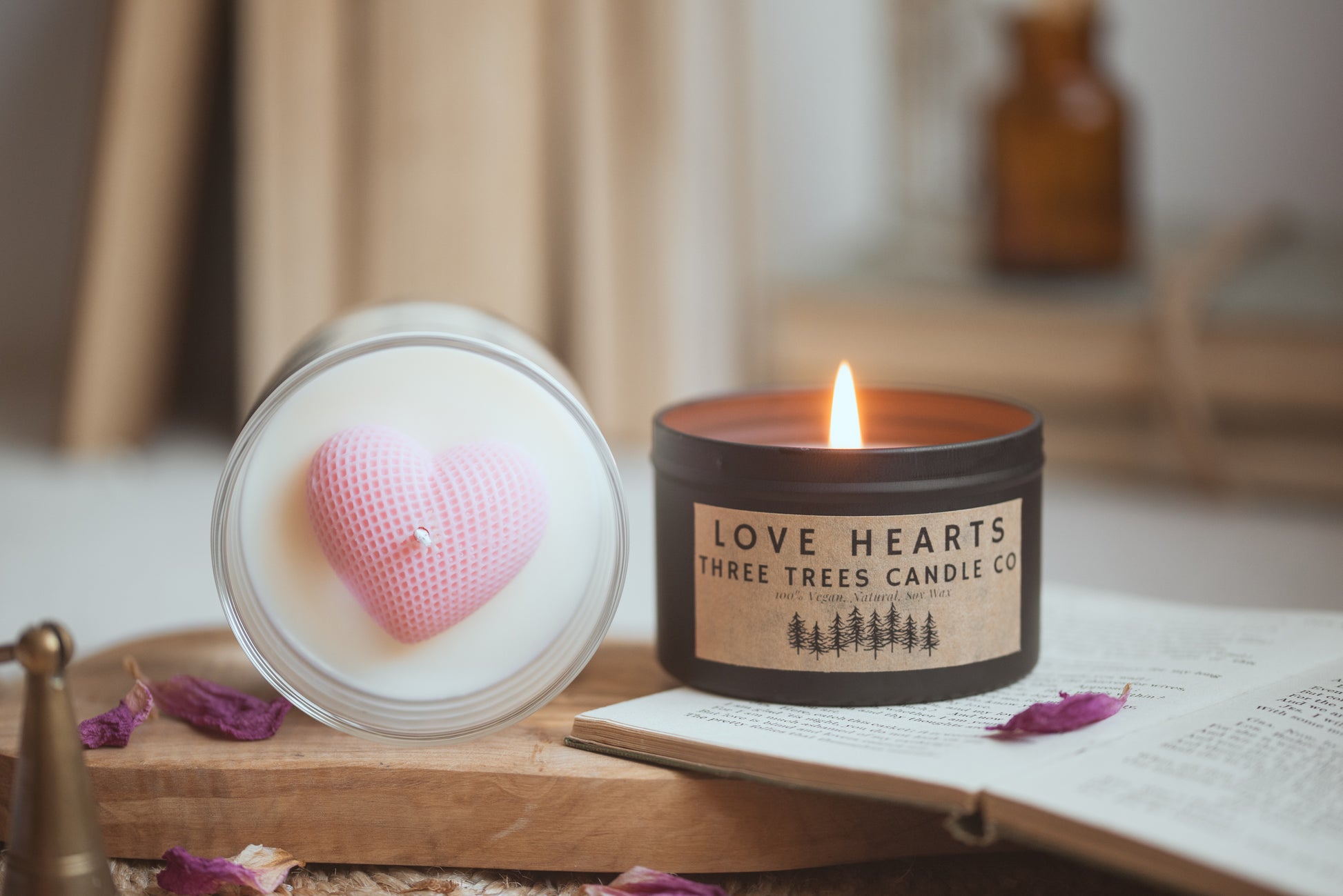 Close-up of Love Hearts candle showing heart wax texture