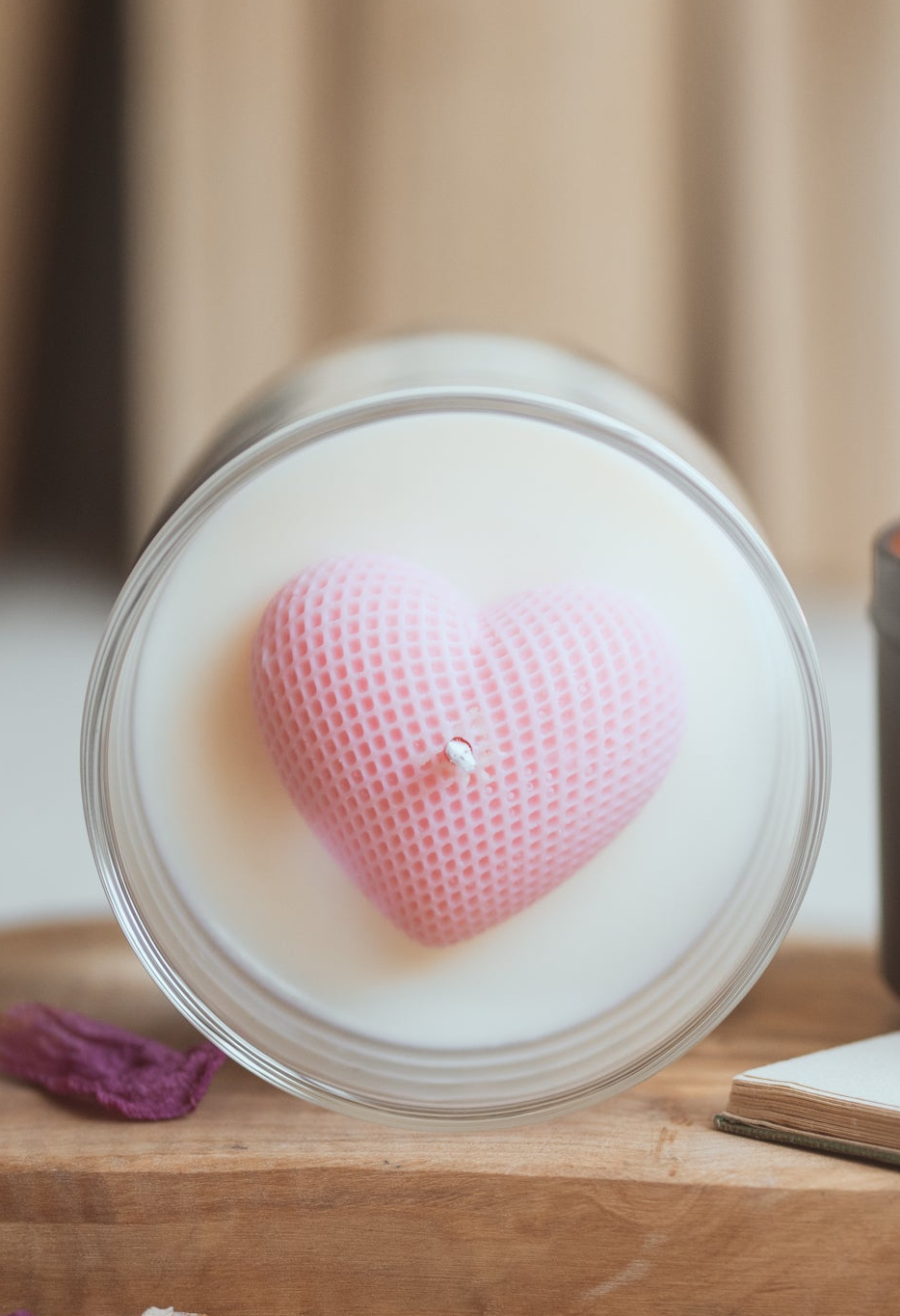 love hearts scented soy wax candle with detail