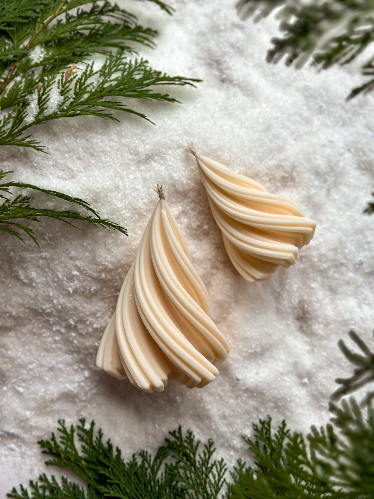 Close-up of sculptural twist Christmas tree candle showing spiral wax detail