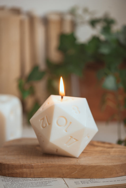D20-shaped soy wax candle in white wax