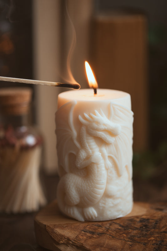 Dragon-shaped soy wax candle with detailed wings and scales