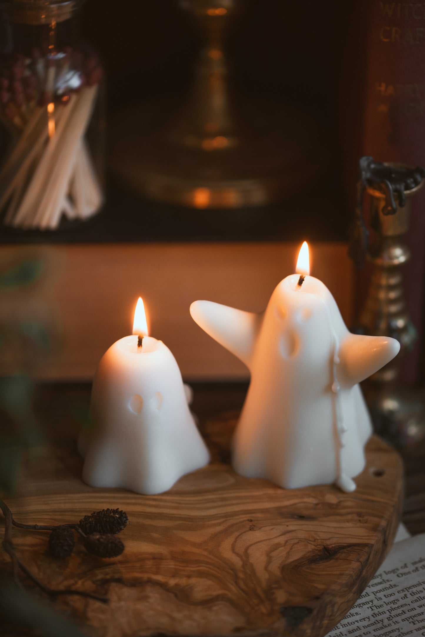 Ghost shaped soy wax candle burning