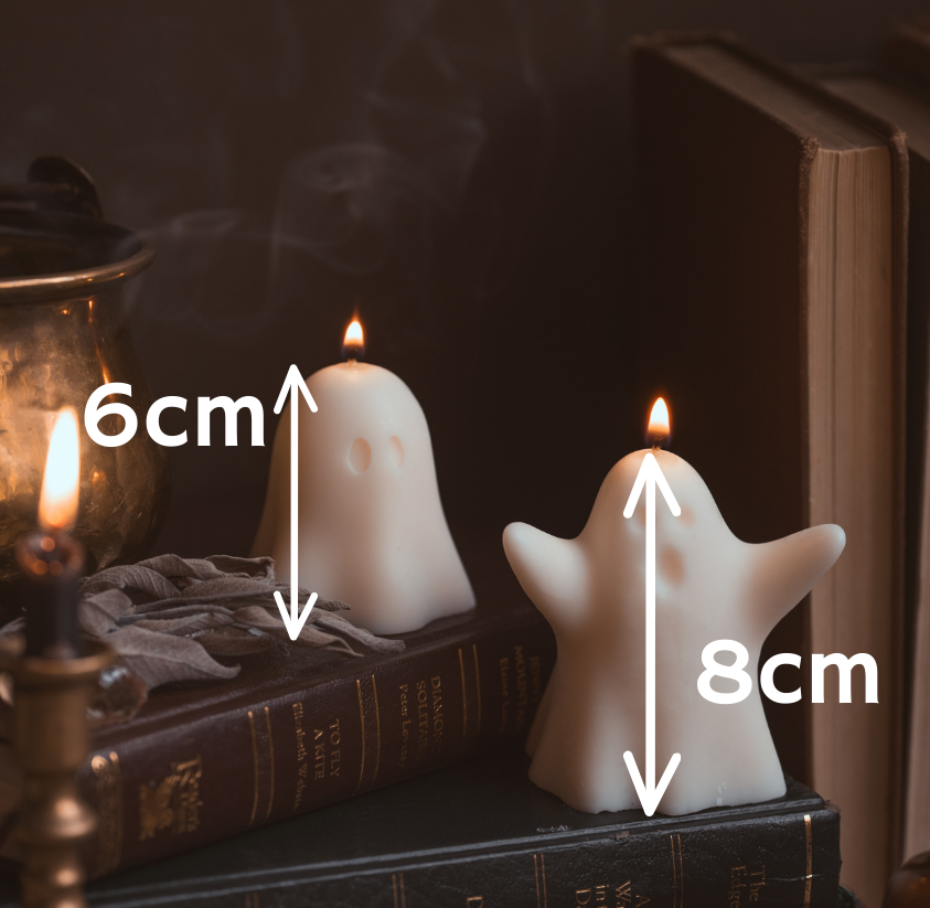 ghost soy wax candles in spooky setting with measurements