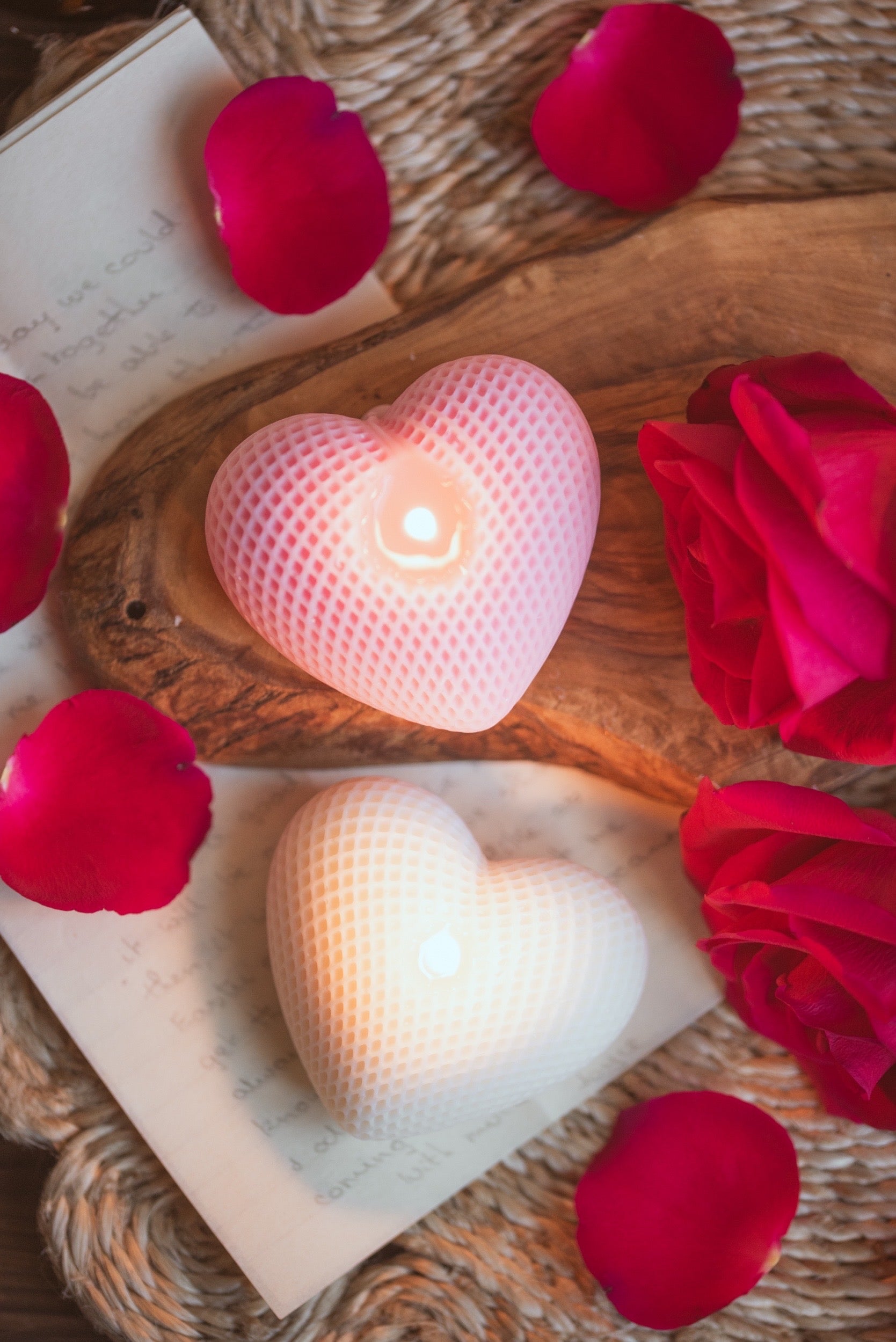 heart shaped sculptural candles pink and white