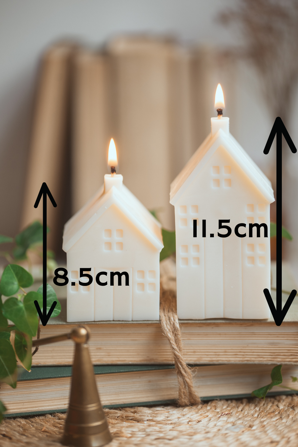 Close-up of house-shaped candle showing measurments