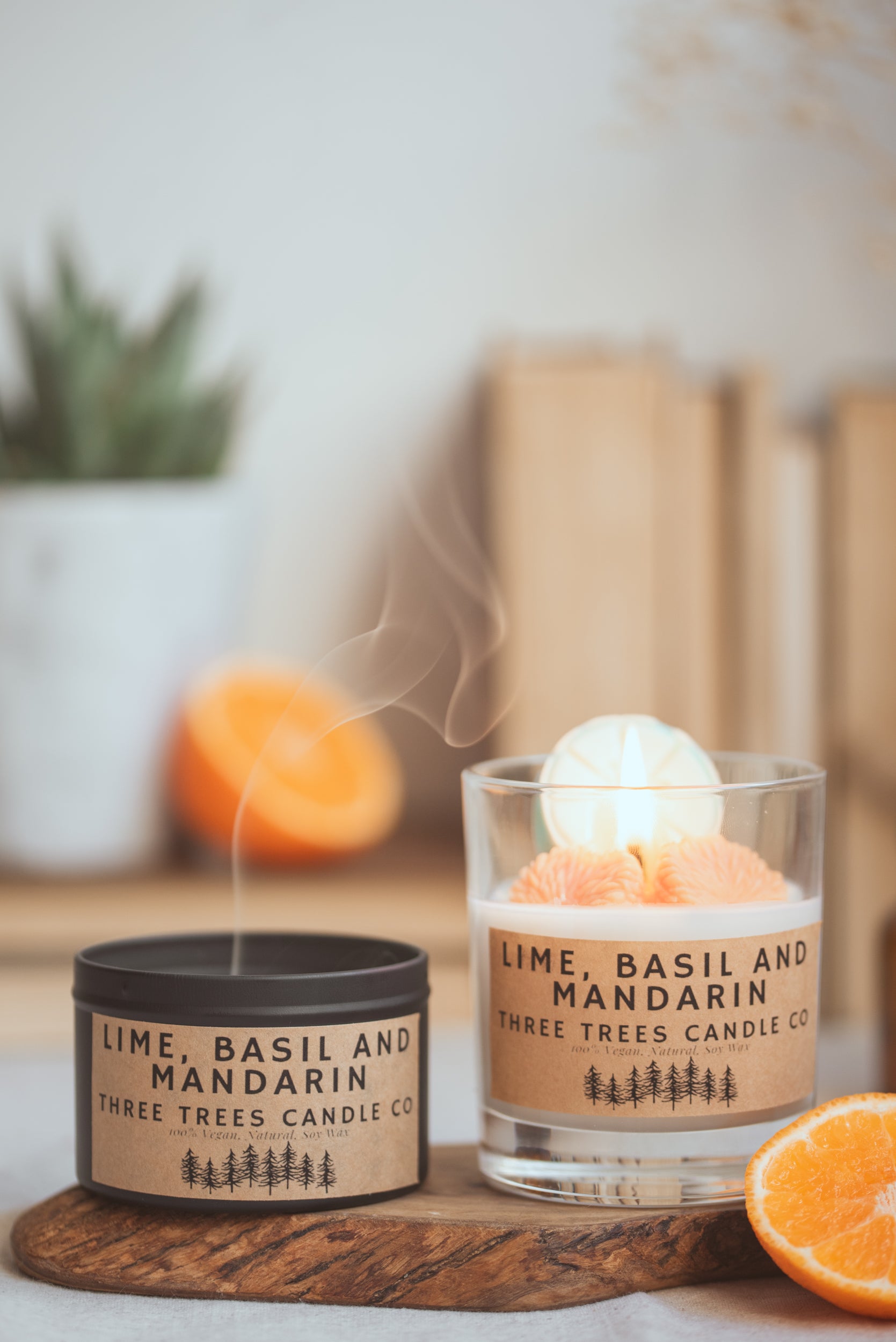 Lime, Basil & Mandarin soy wax candle in glass jar and tin
