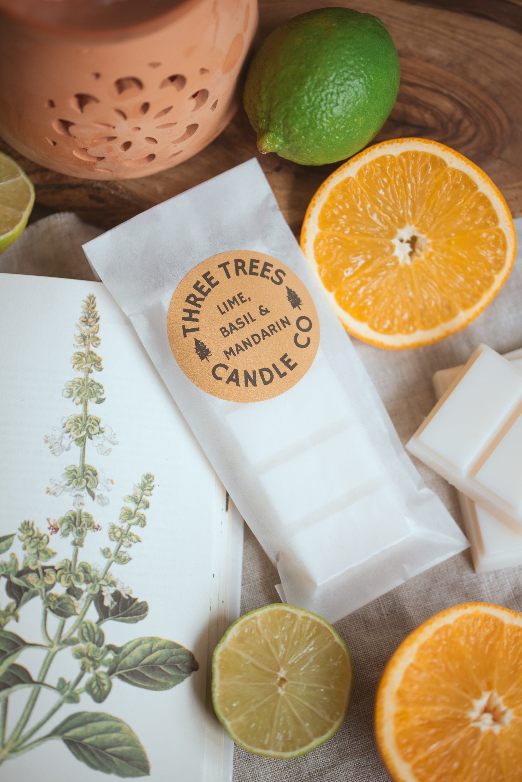 Lime, Basil & Mandarin soy wax melt snap bar on table