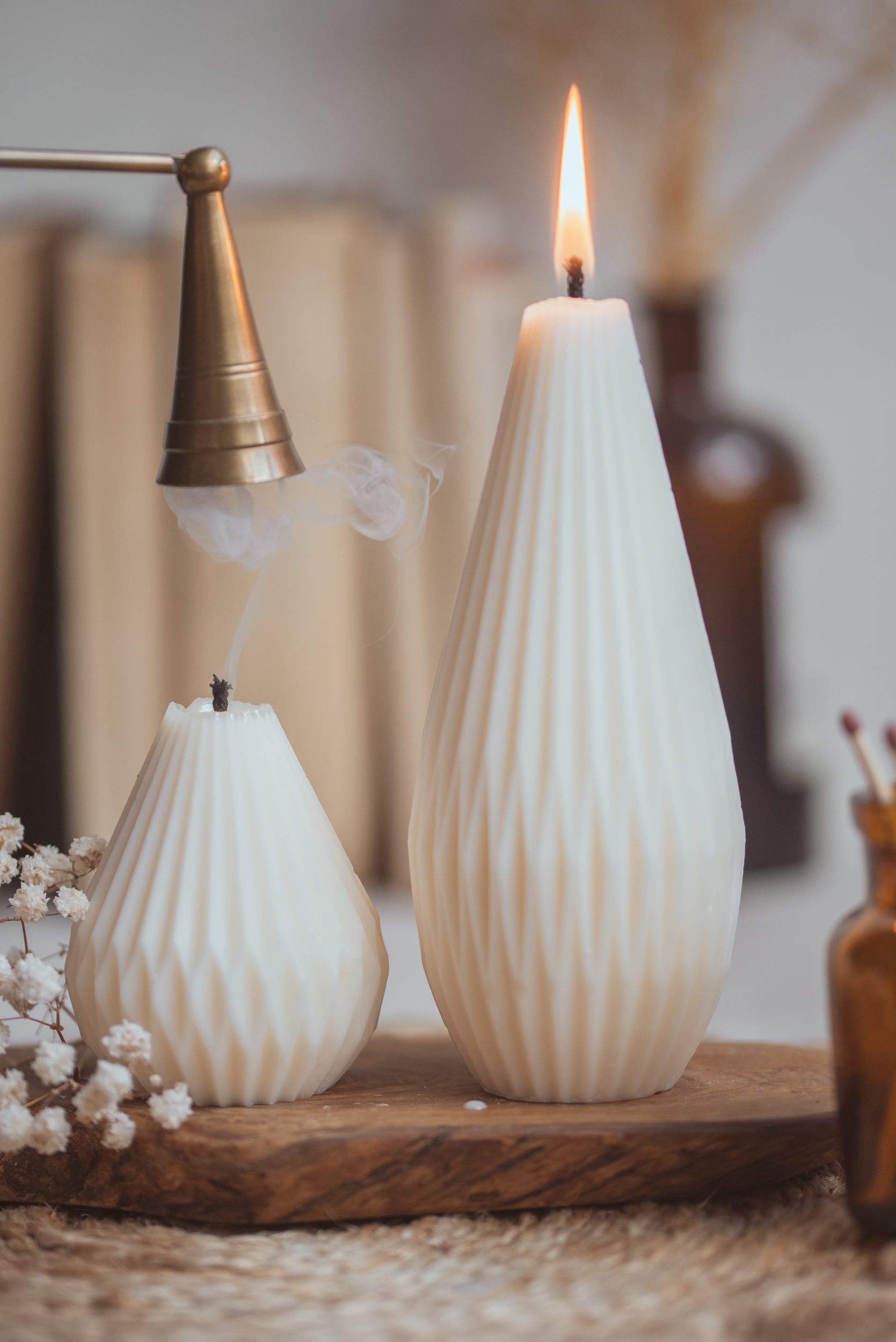 Lit pear lantern soy candle creating warm and cozy ambiance