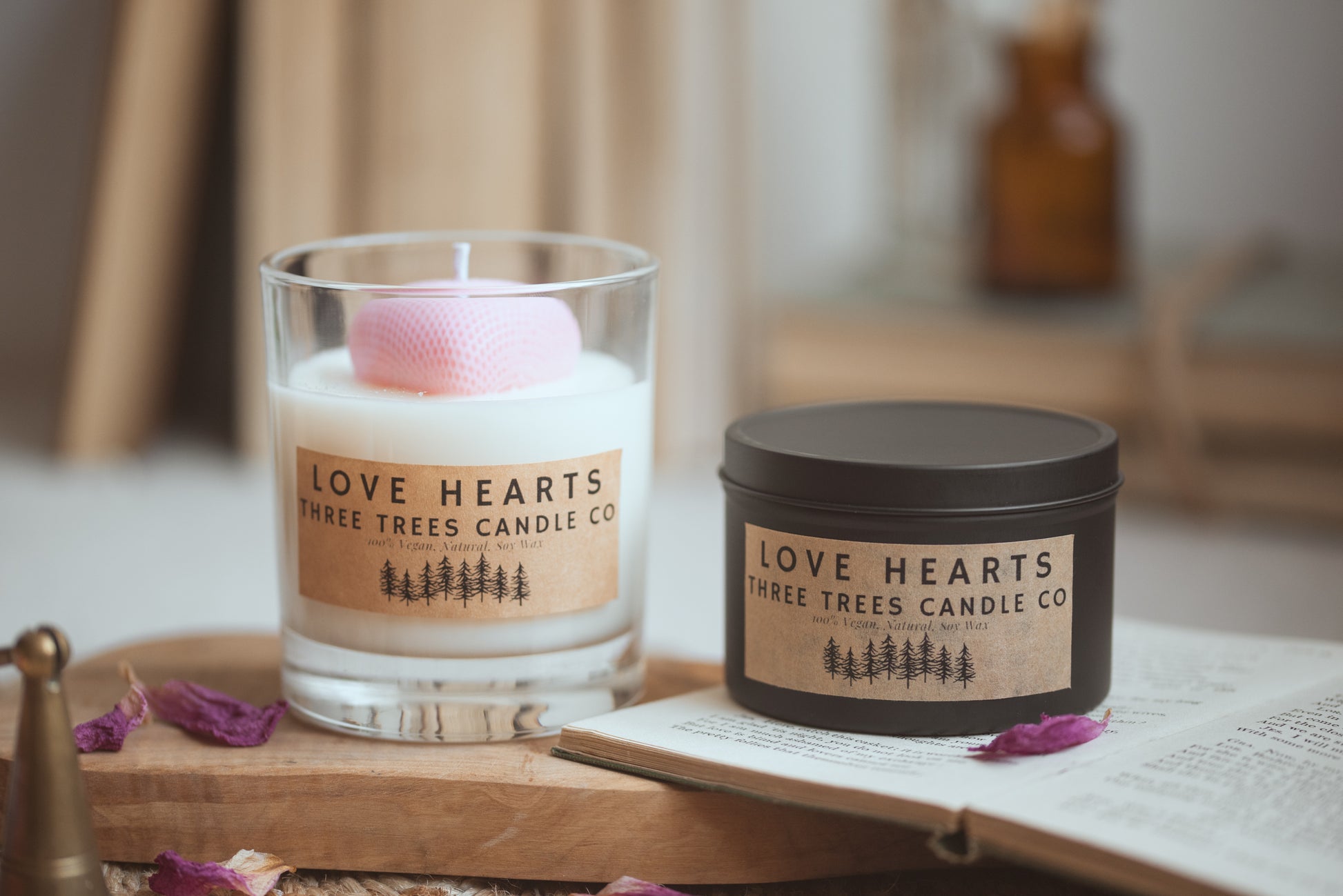 Love Hearts candle styled on table with romantic decor
