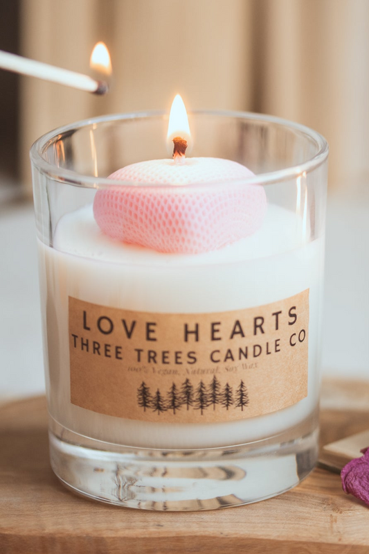 love hearts scented soy wax candle close up