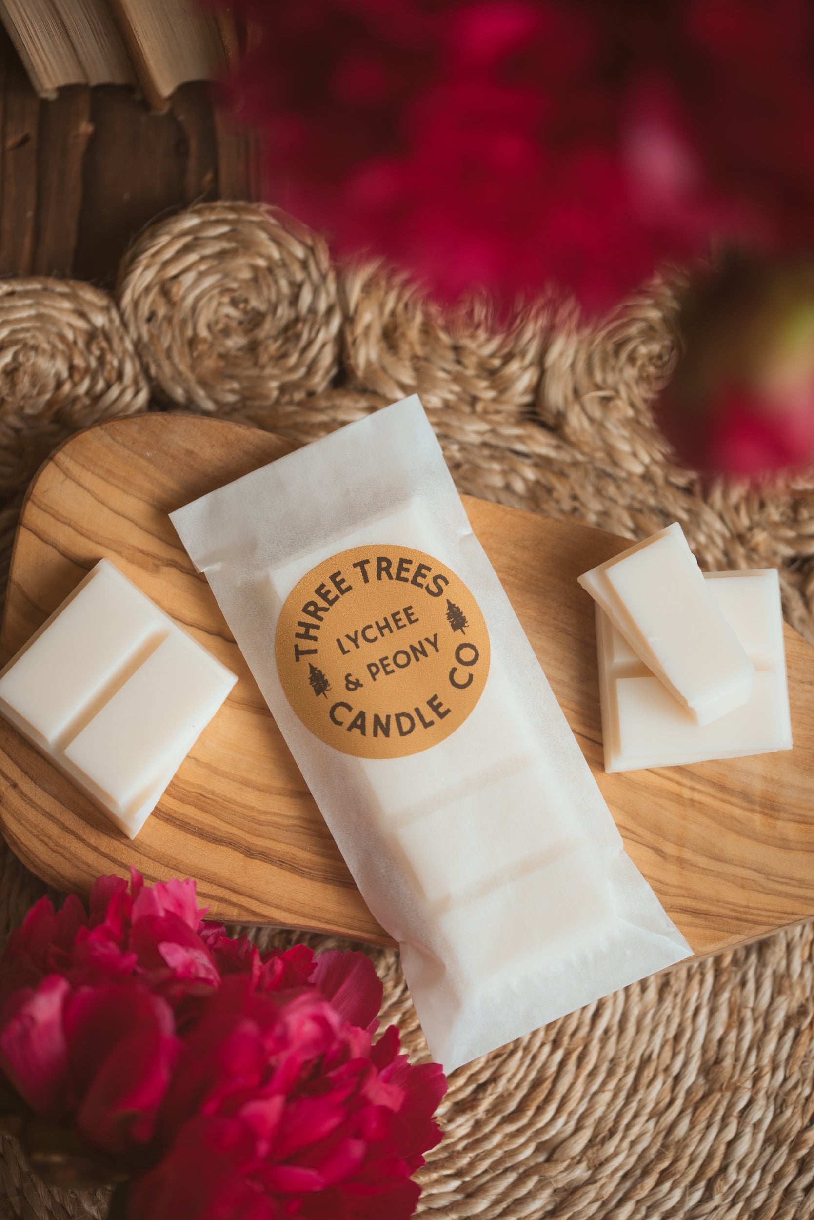 Lychee & Peony soy wax melts on romantic table