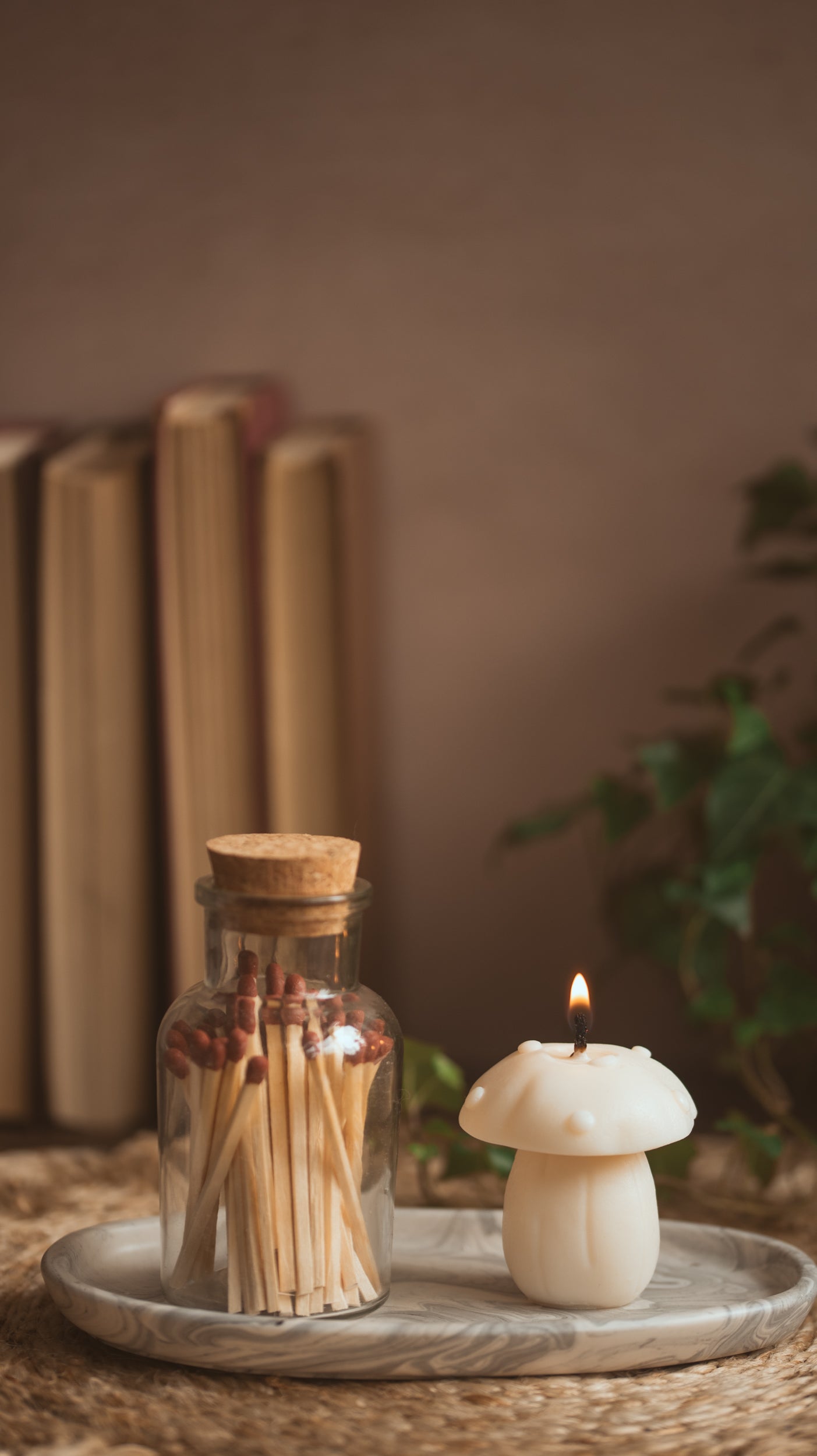 Mushroom-shaped soy wax candle with glass jar of matches