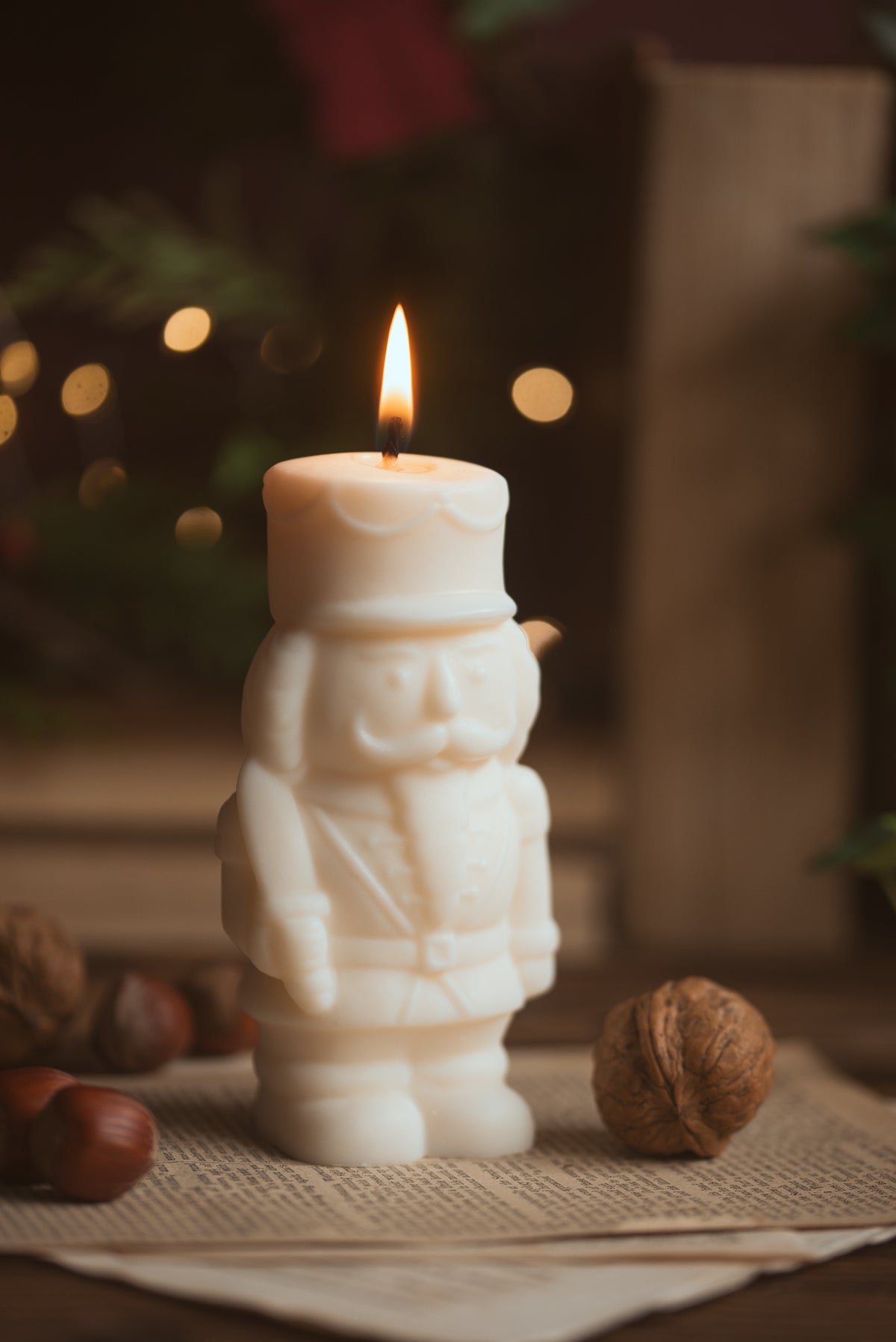 Nutcracker-shaped soy wax candle with detailed design