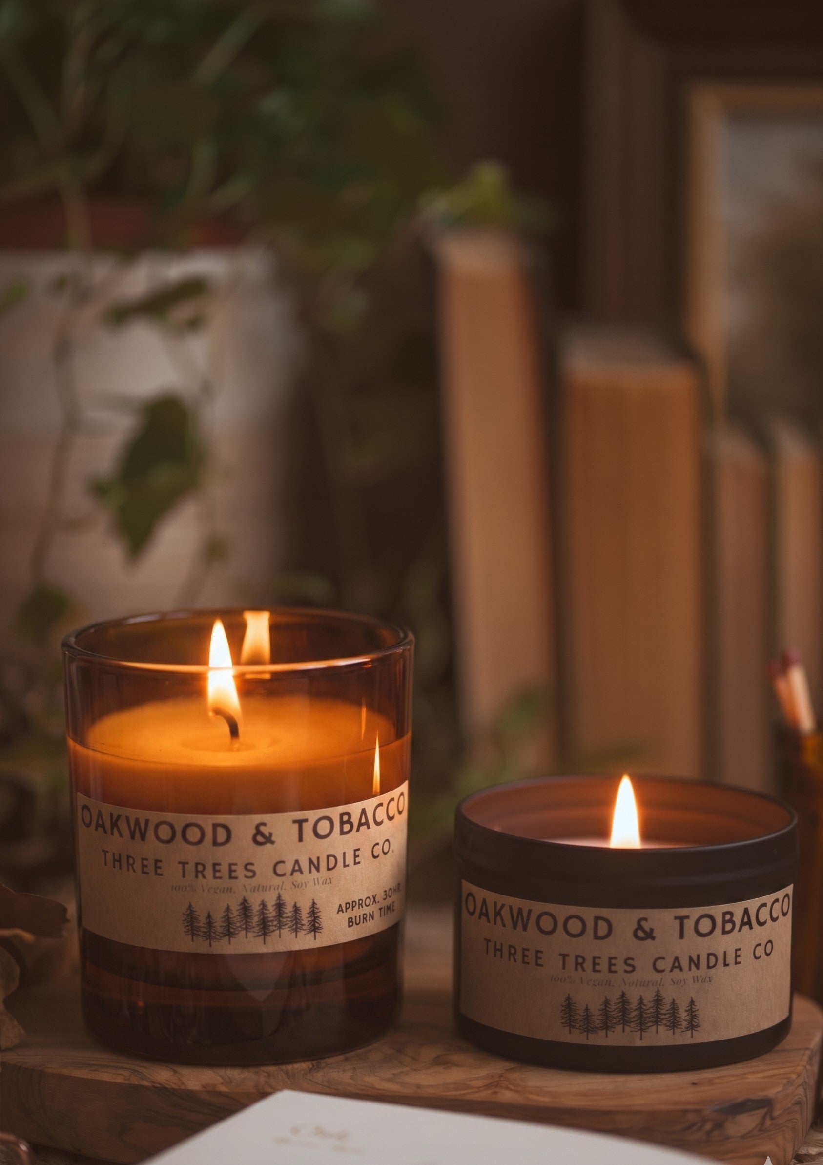 oakwood and tobacco scented candle in amber glass and tin 