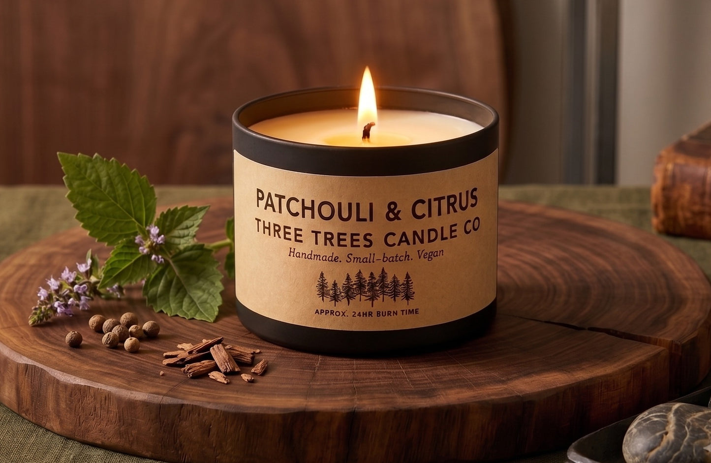 Patchouli & Citrus Scented Soy Wax Candle – Fresh & Earthy