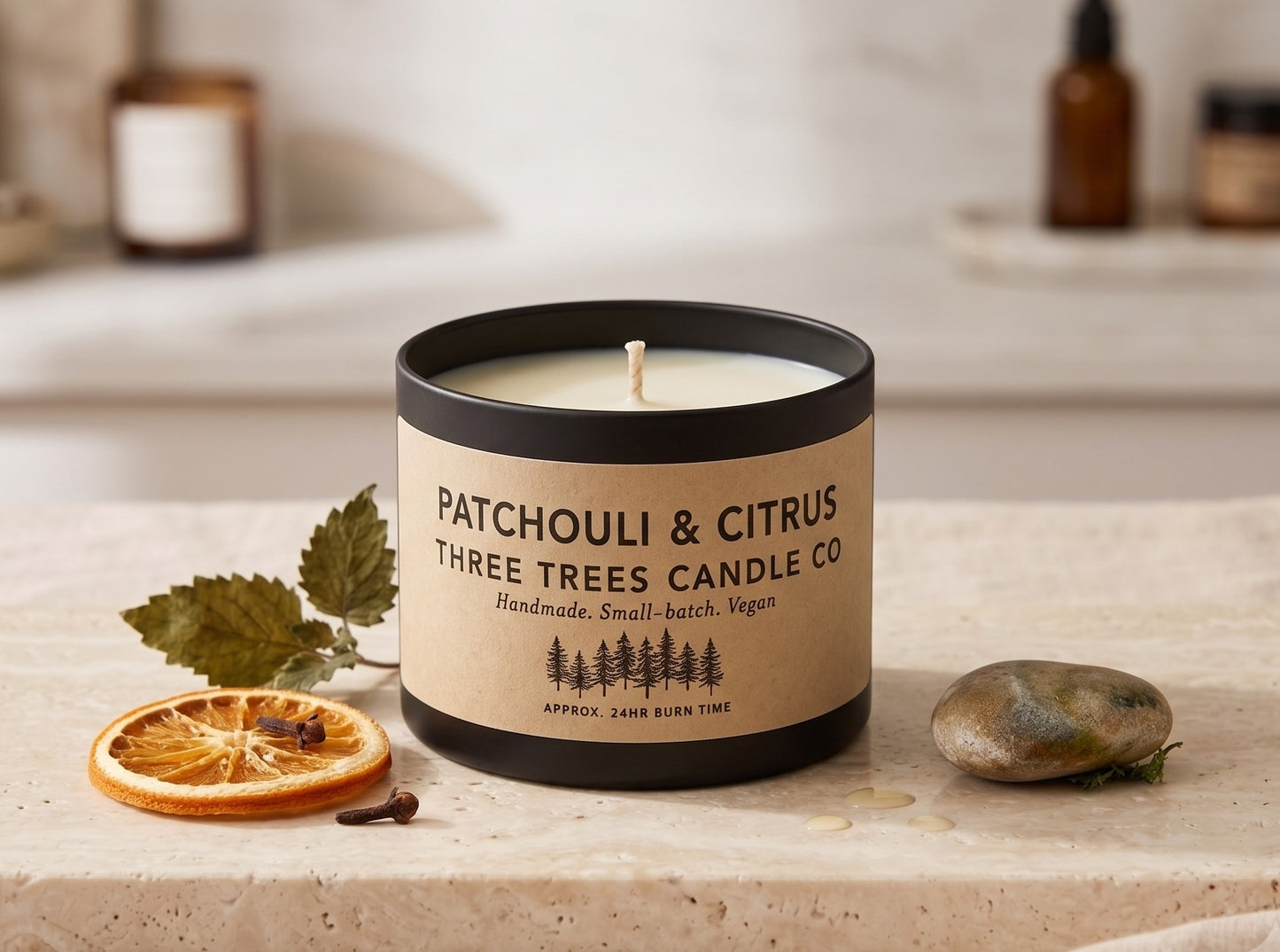 Patchouli & Citrus Scented Soy Wax Candle – Fresh & Earthy