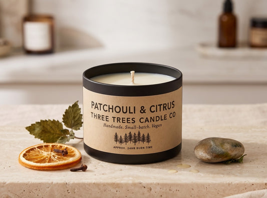 Patchouli & Citrus Scented Soy Wax Candle – Fresh & Earthy