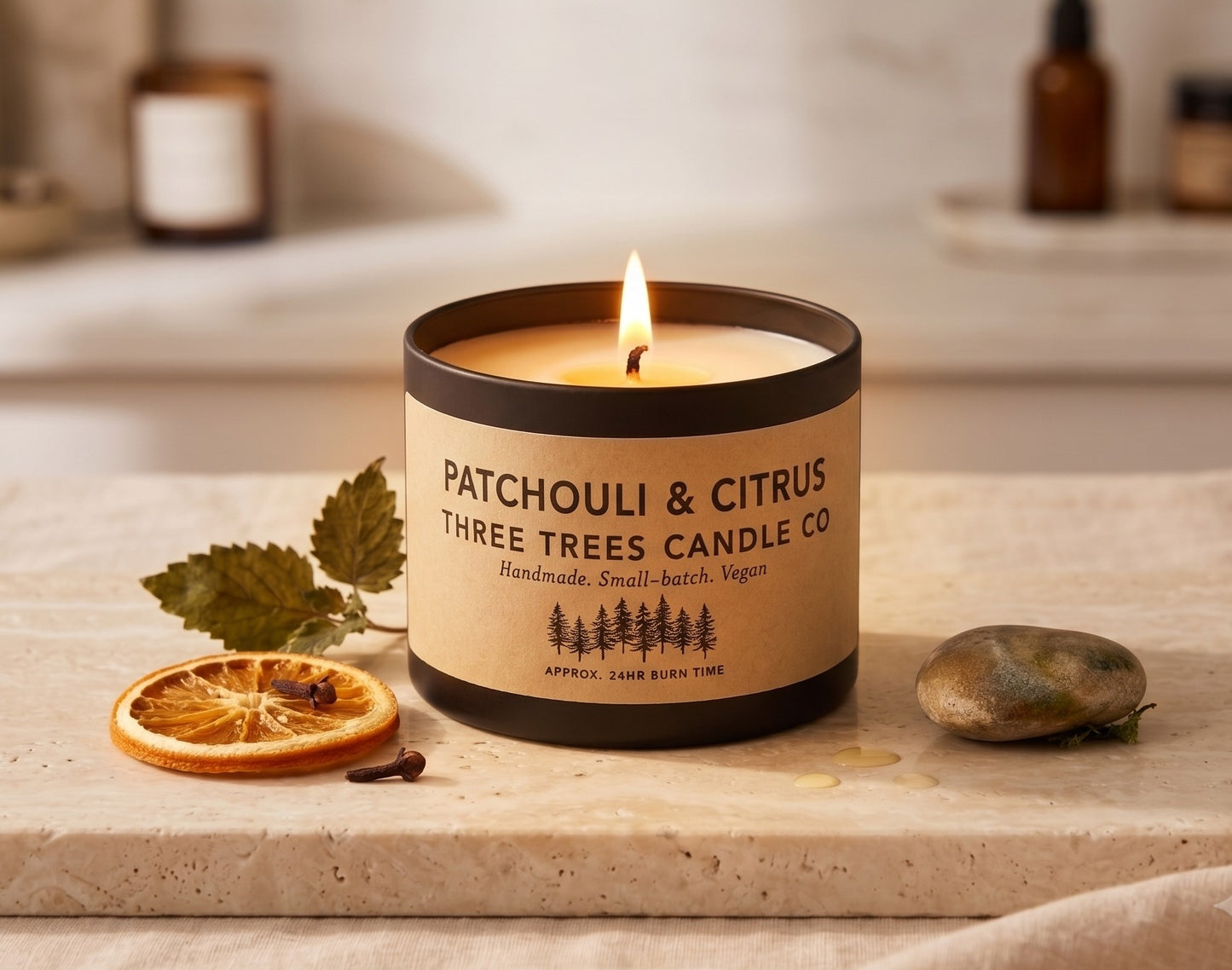Patchouli & Citrus Scented Soy Wax Candle – Fresh & Earthy