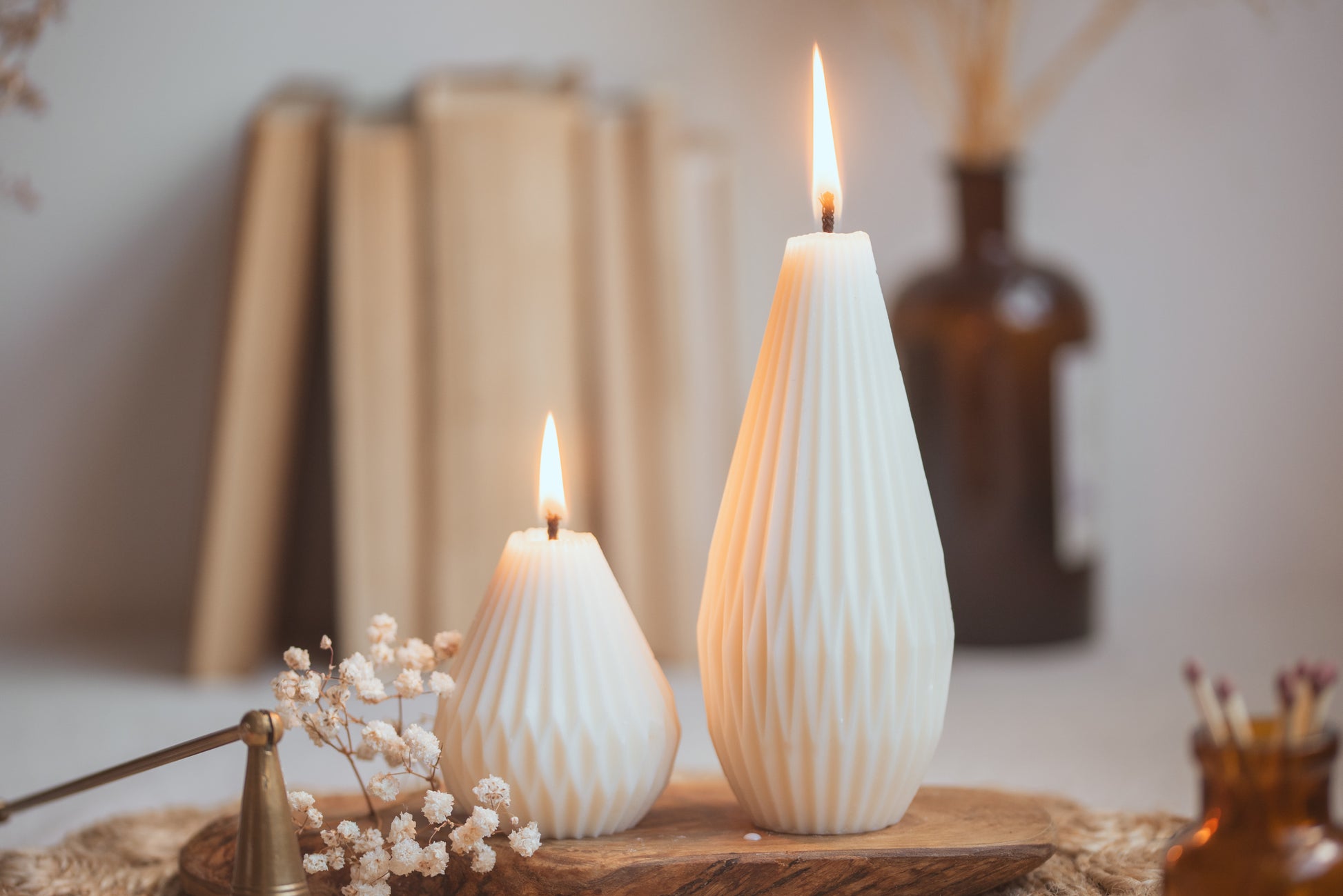 pear lantern origami sculptural unscented candle gift set on table