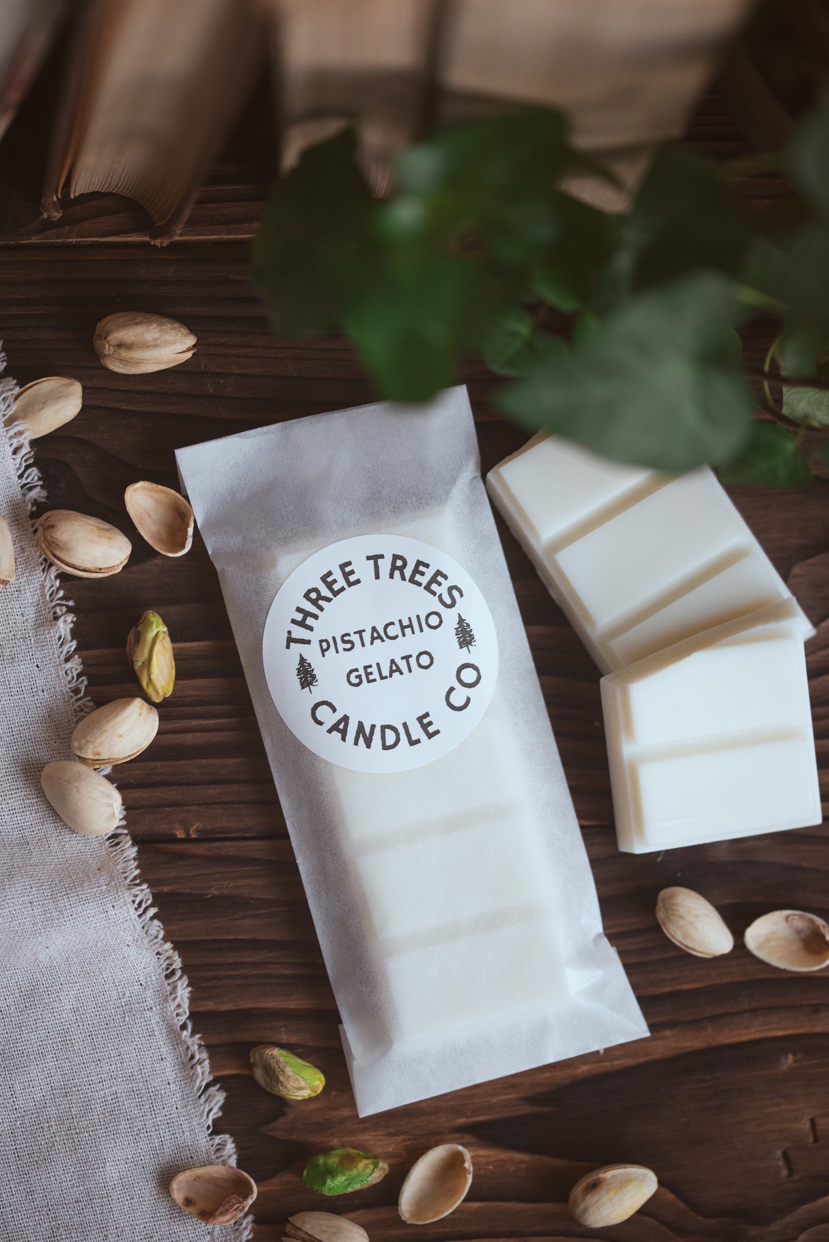 pistachio gelato scented soy wax melts on table