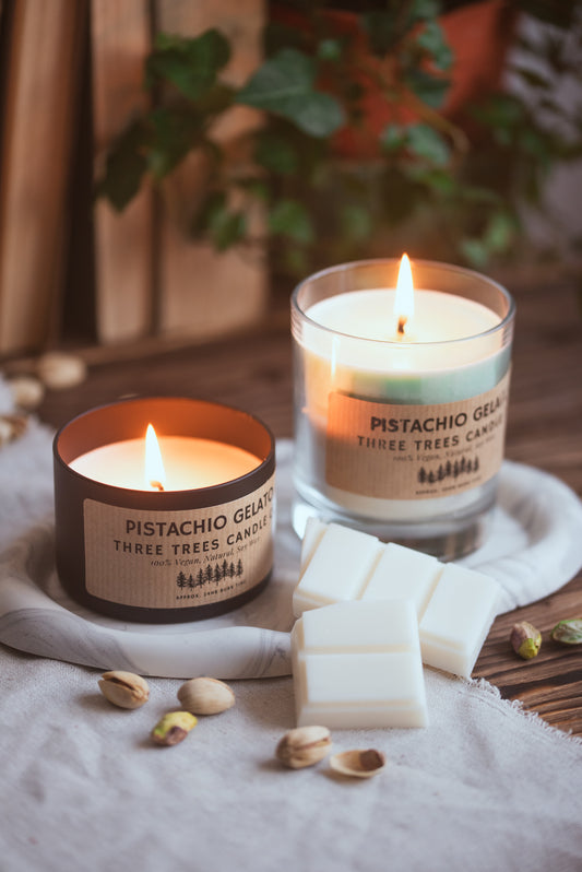 Pistachio gelato soy wax candle styled in a cozy kitchen setting