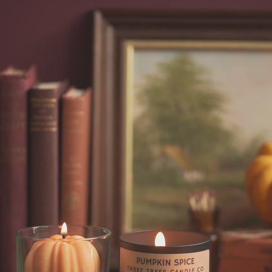 Pumpkin spice candles and wax melts on autumn table 