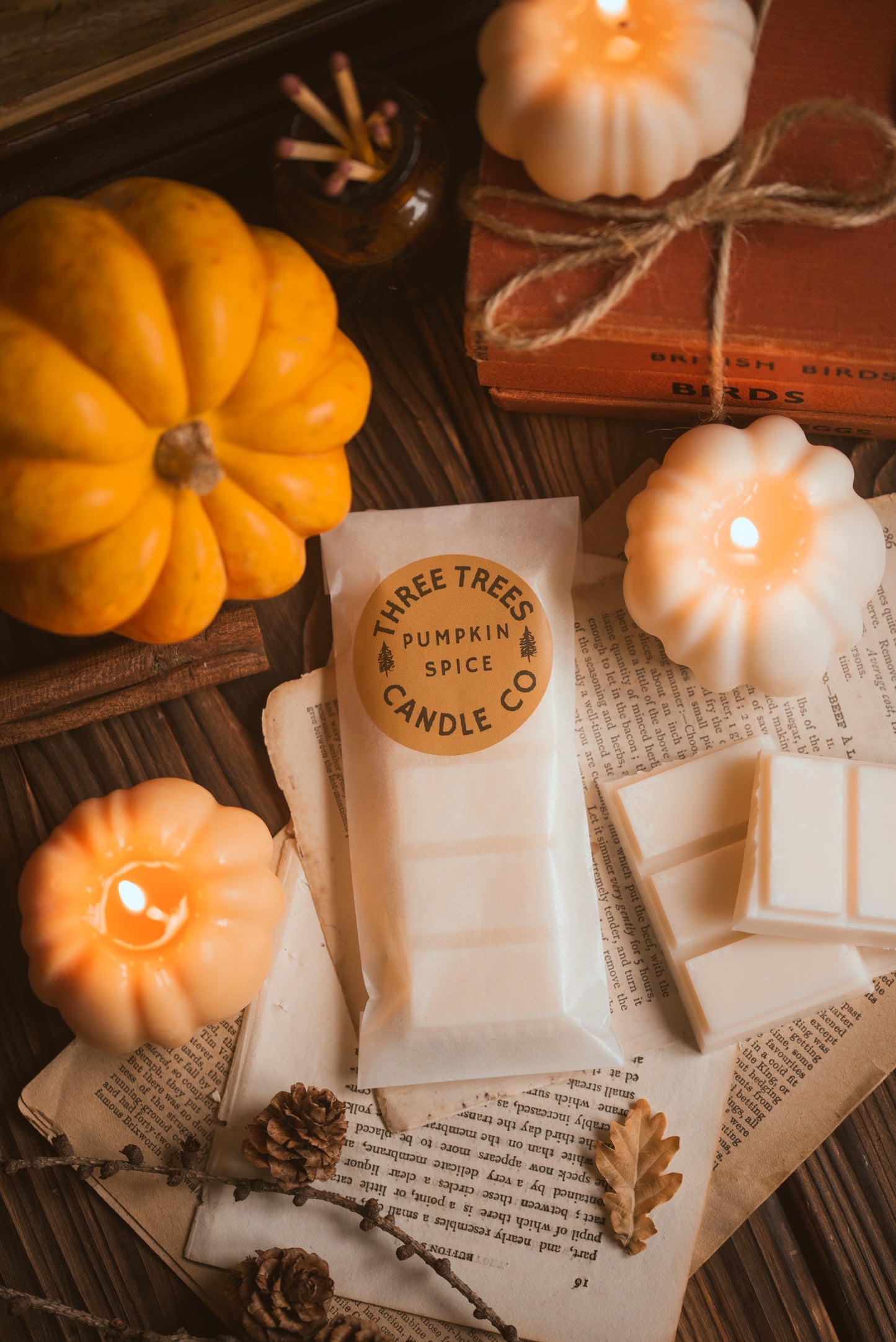 Pumpkin spice wax melts styled on autumn table with leaves