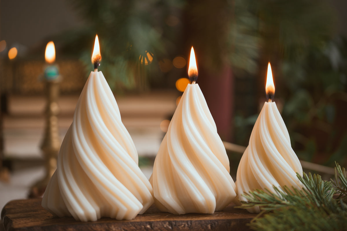 Sculptural twist Christmas tree soy wax candle with elegant design