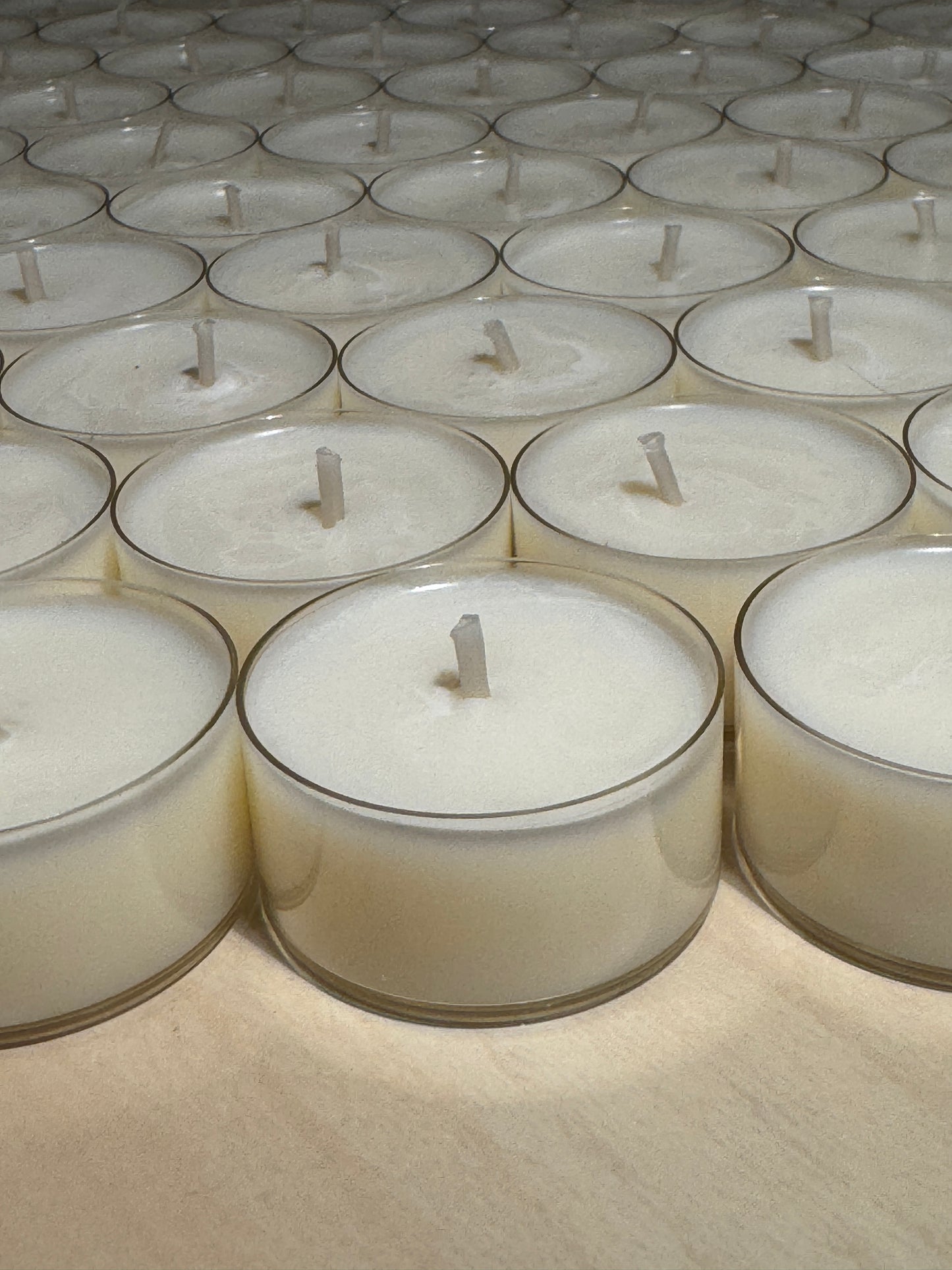 Close-up of soy wax tea lights