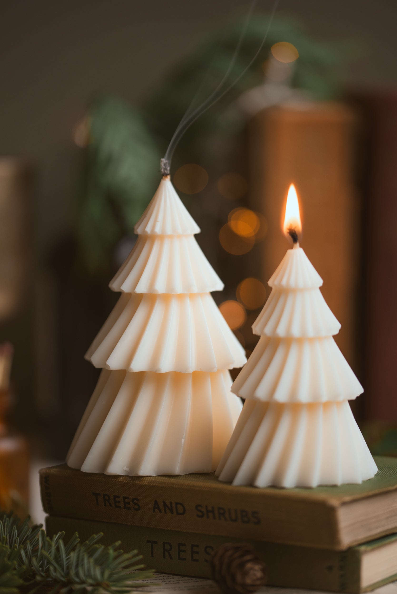 ribbed sculptral christmas tree soy wax candle pair 