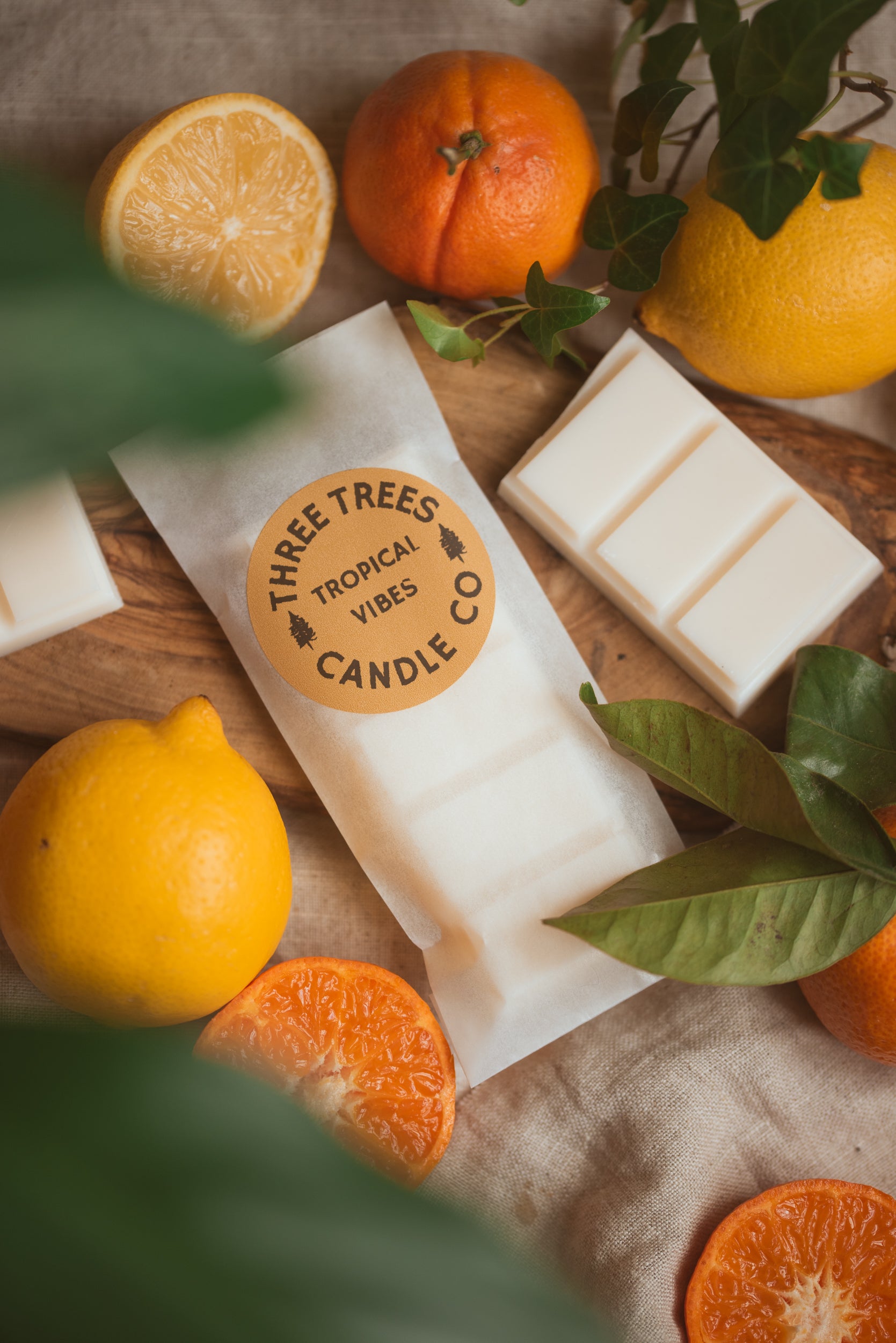 Tropical Vibes wax melts styled on table with summer decor accents