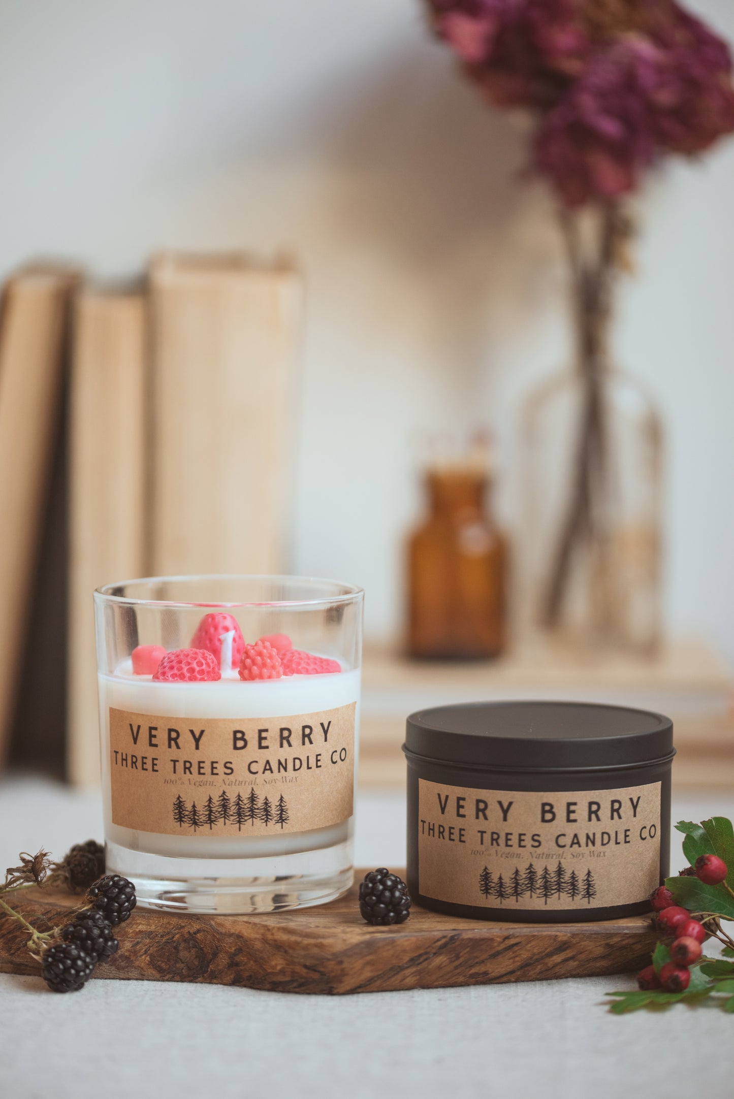 Very berry scented candle in a glass jar and tin