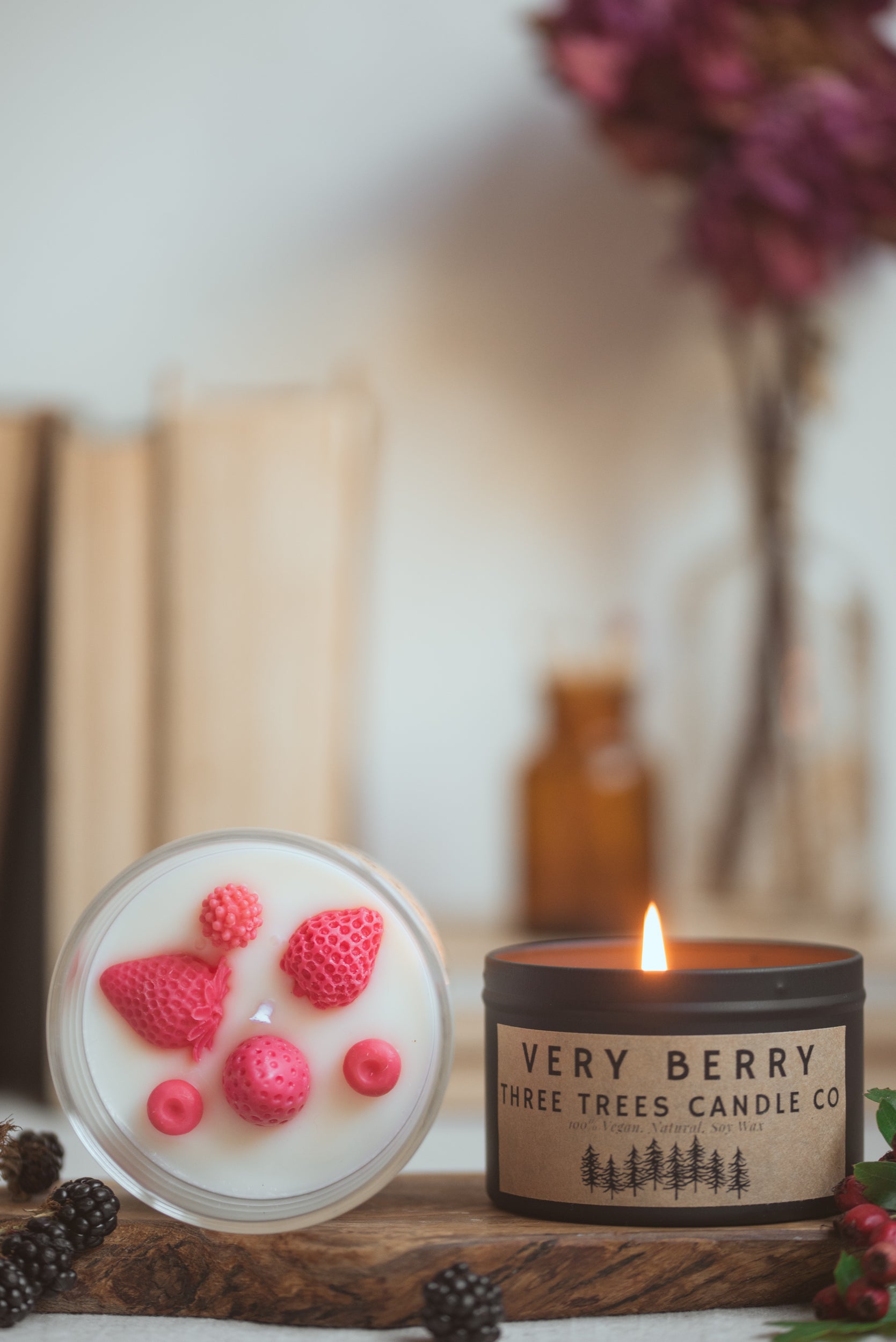Very berry scented candle in a glass jar